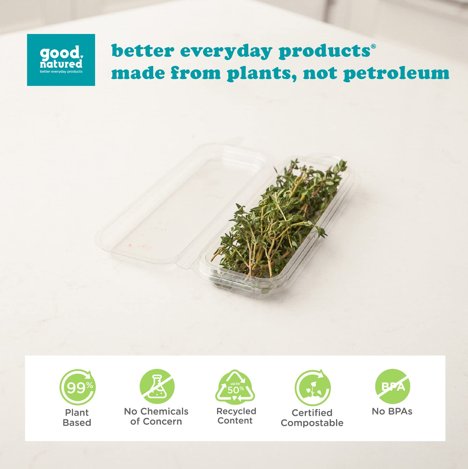 Good Natured 325-Pack 0.25 oz Hanging Fresh Herb Containers - 99% Plant-Based Clear BPA-Free Clamshell Packaging for Restaurants, Grocery Stores & Meal Prep