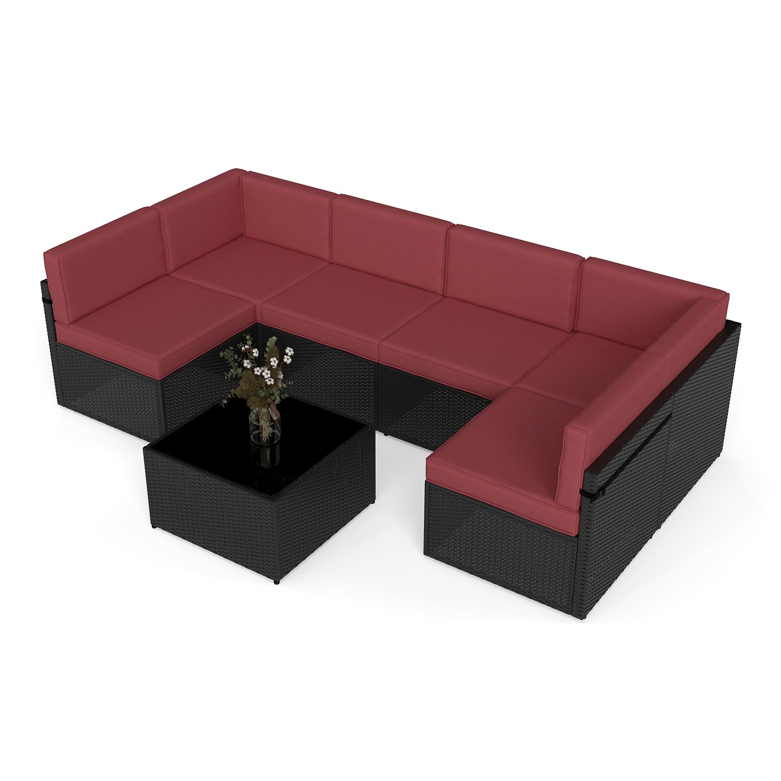 JSUN7 7-Piece Outdoor Patio Furniture Set - PE Rattan Wicker Sofa with Washable Cushions & Glass Coffee Table in Wine Red - Perfect for Garden, Backyard, and Poolside Relaxation