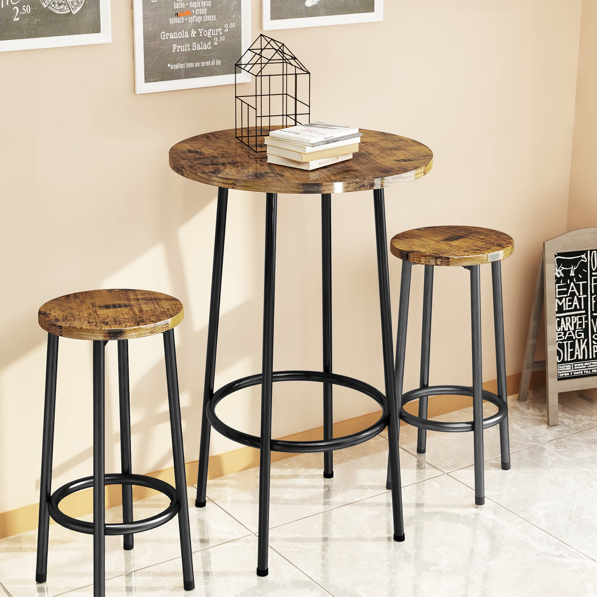 AWQM 3-Piece Round Bar Table Set for Small Spaces - Compact 2-Person Dining Table with Faux Wood Top & 2 Matching Stools - Perfect Breakfast Nook Set with Footrest for Kitchen, Living Room & Apartment (Brown) | Ideal for Small Homes, Studio Apartments & Cozy Dining Areas