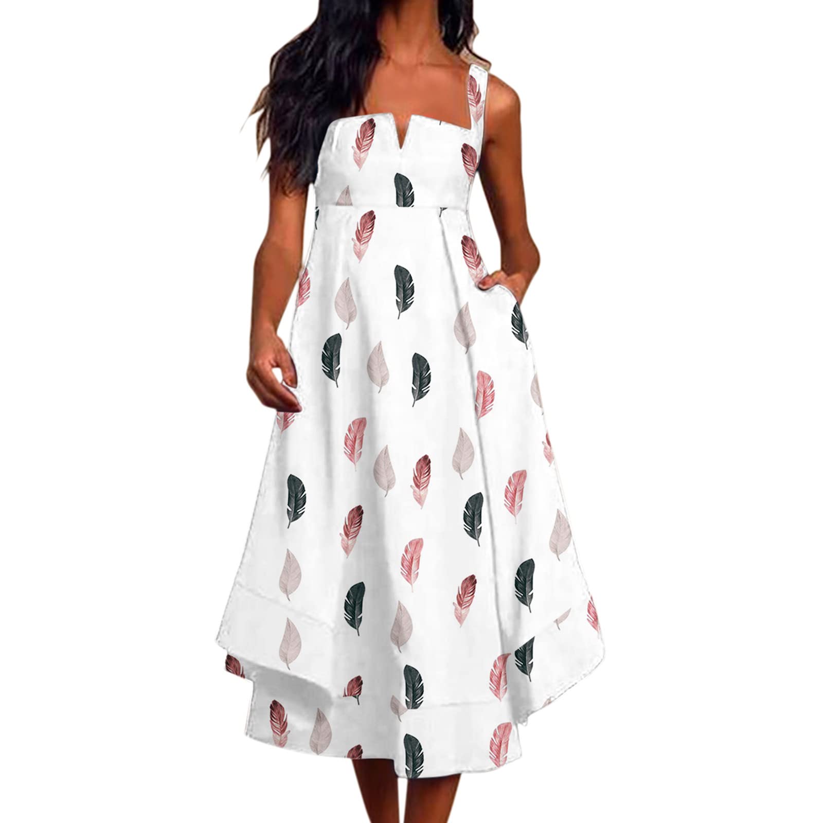 2022 Trendy Floral Print Women's Summer Midi Evening Dress - Sleeveless V-Neck Ruffled Party Dress with Pockets | Perfect for Cocktail Parties, Weddings & Date Nights