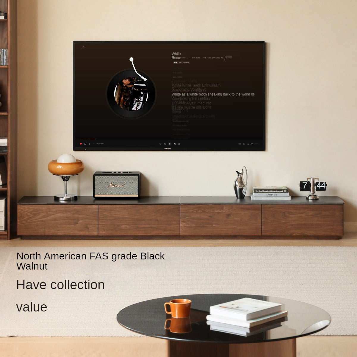Black Walnut Solid Wood TV Stand with Rock Slab - Rustic Modern Entertainment Center for Living Room, Bedroom & Home Theater