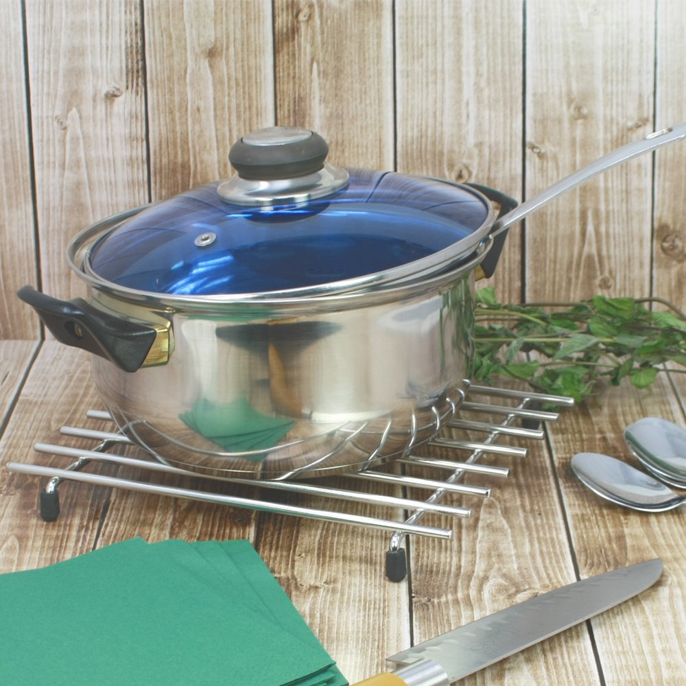 com-four® Stainless Steel Pot Holder with Rubber Feet - Heat Resistant Trivet for Pots, Pans, Baking Trays & Woks - 19 x 24 x 2.5 cm (1 Piece) - Perfect for Kitchen Countertops, Dining Tables & Outdoor Cooking