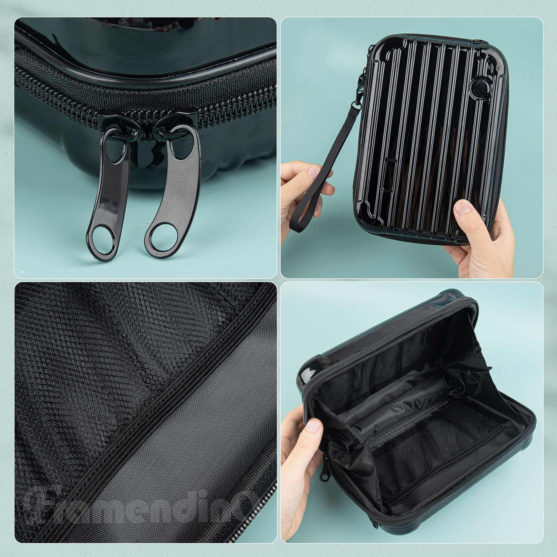8 Inch Black Hard Shell Cosmetic Case - Travel Toiletry Bag with Detachable Shoulder Strap & Grip Rope | Waterproof Makeup Organizer for Women | Perfect for Air Travel, Gym & Weekend Getaways
