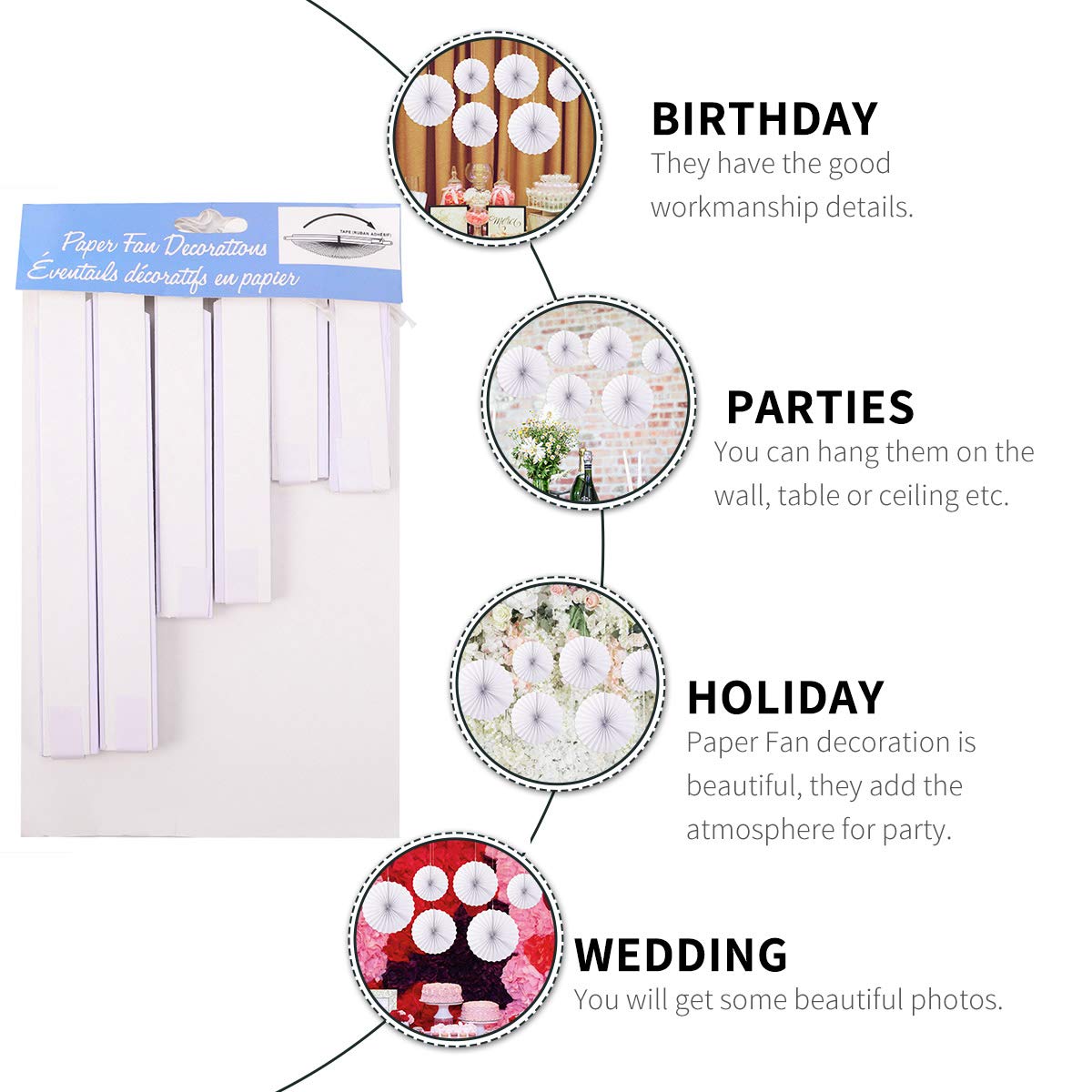 6Pcs White Hanging Paper Fans - Elegant Wedding & Party Decorations for Indoor/Outdoor Events, Birthday, Bridal Shower, and Home Decoration