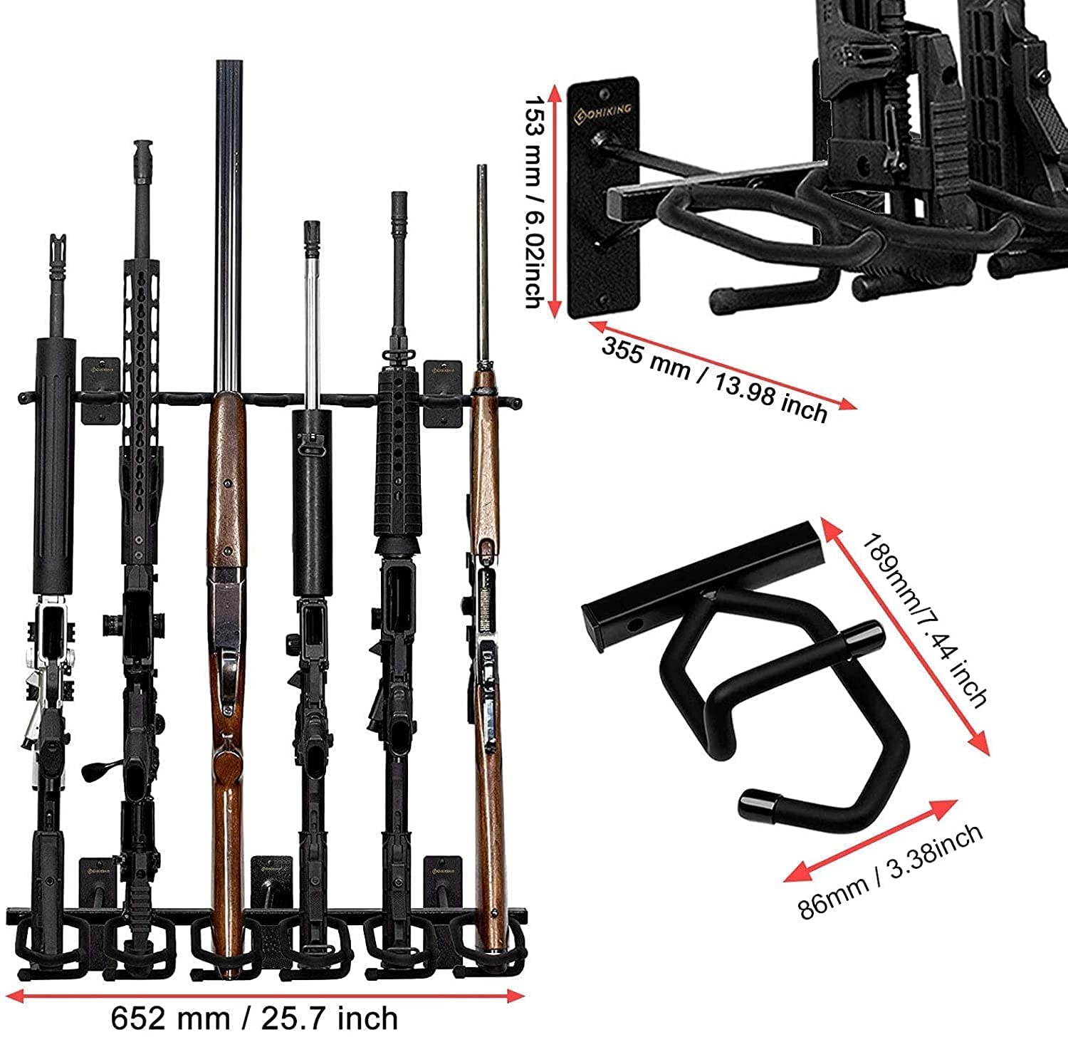 Heavy Duty Metal Gun Rack Wall Mount - Rifle Shotgun Hooks & Bow Hangers with Soft Padding - Secure Firearm Storage for Home, Hunting Cabin, or Shooting Range Display