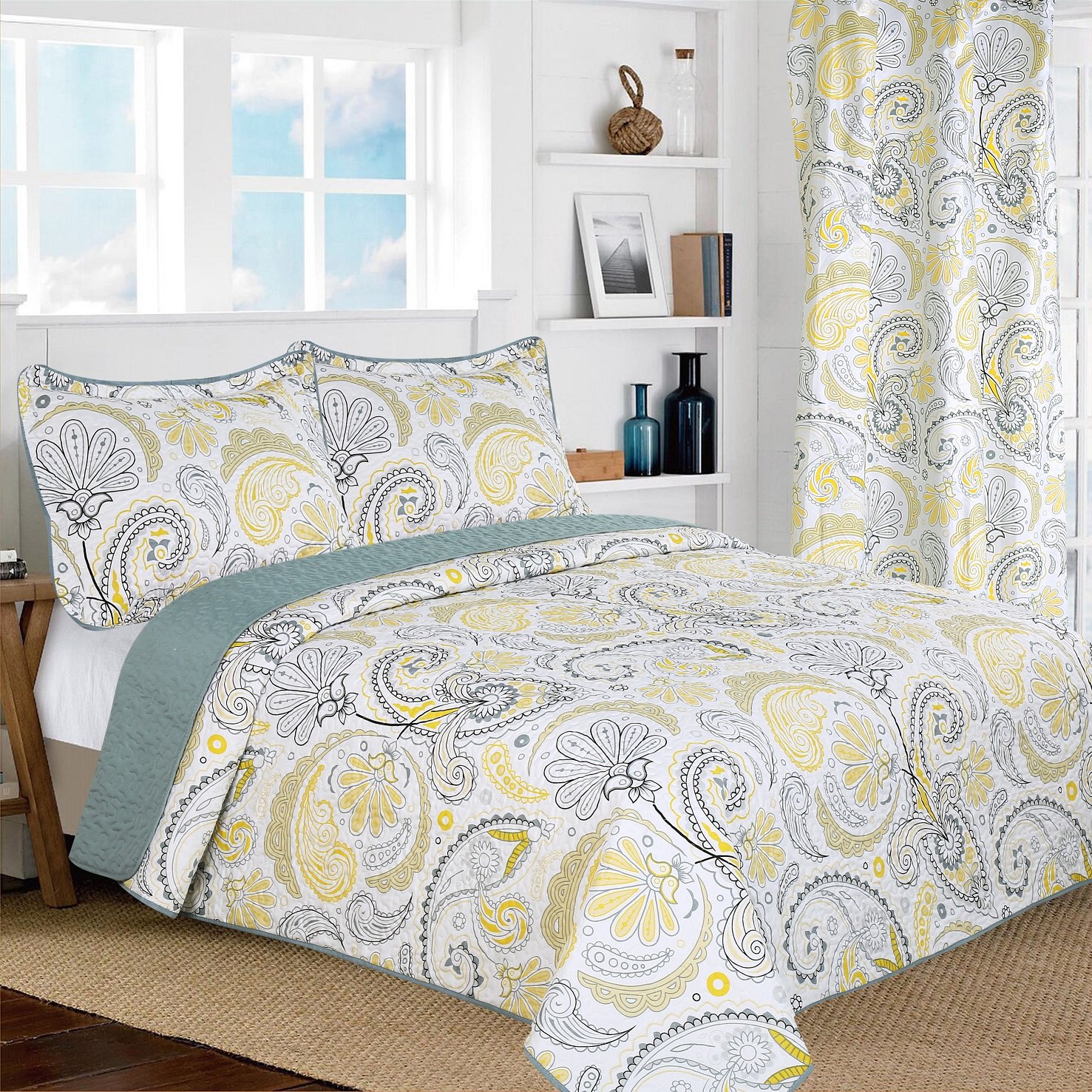 Reversible Paisley Bedspread Quilt Set - Twin, Yellow & Grey for Cozy Bedroom Decor