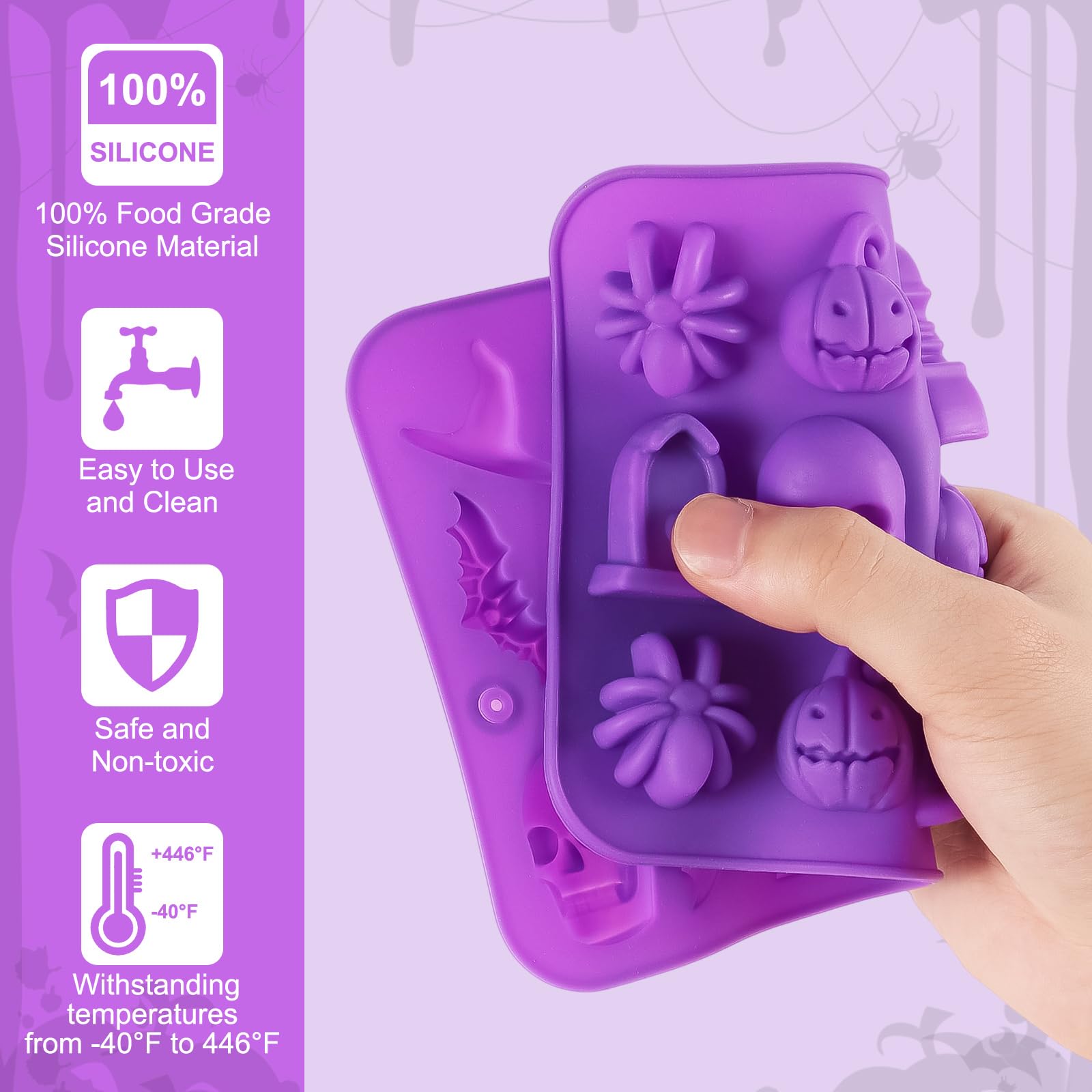 2 Pack Halloween Chocolate Candy Molds - 3D Silicone Mold for DIY Gummies, Jello, Ice Cubes, Jelly & Chocolate Decorations (Purple) | Perfect for Halloween Treats, Party Favors & Baking Supplies