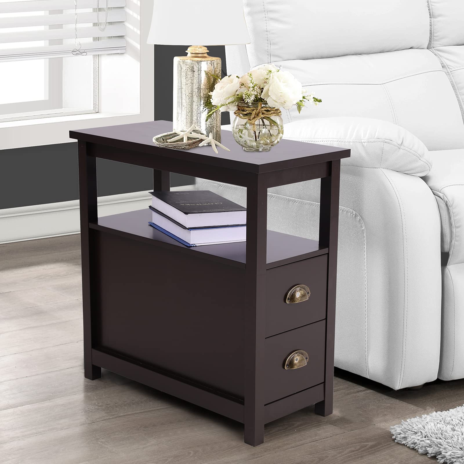 MAISON ARTS Brown Narrow End Table with 2 Storage Drawers & Open Shelf - Compact Sofa Side Table, Nightstand for Bedroom & Living Room - Perfect for Small Spaces, Apartment Decor, Coffee Table Alternative (Brown)