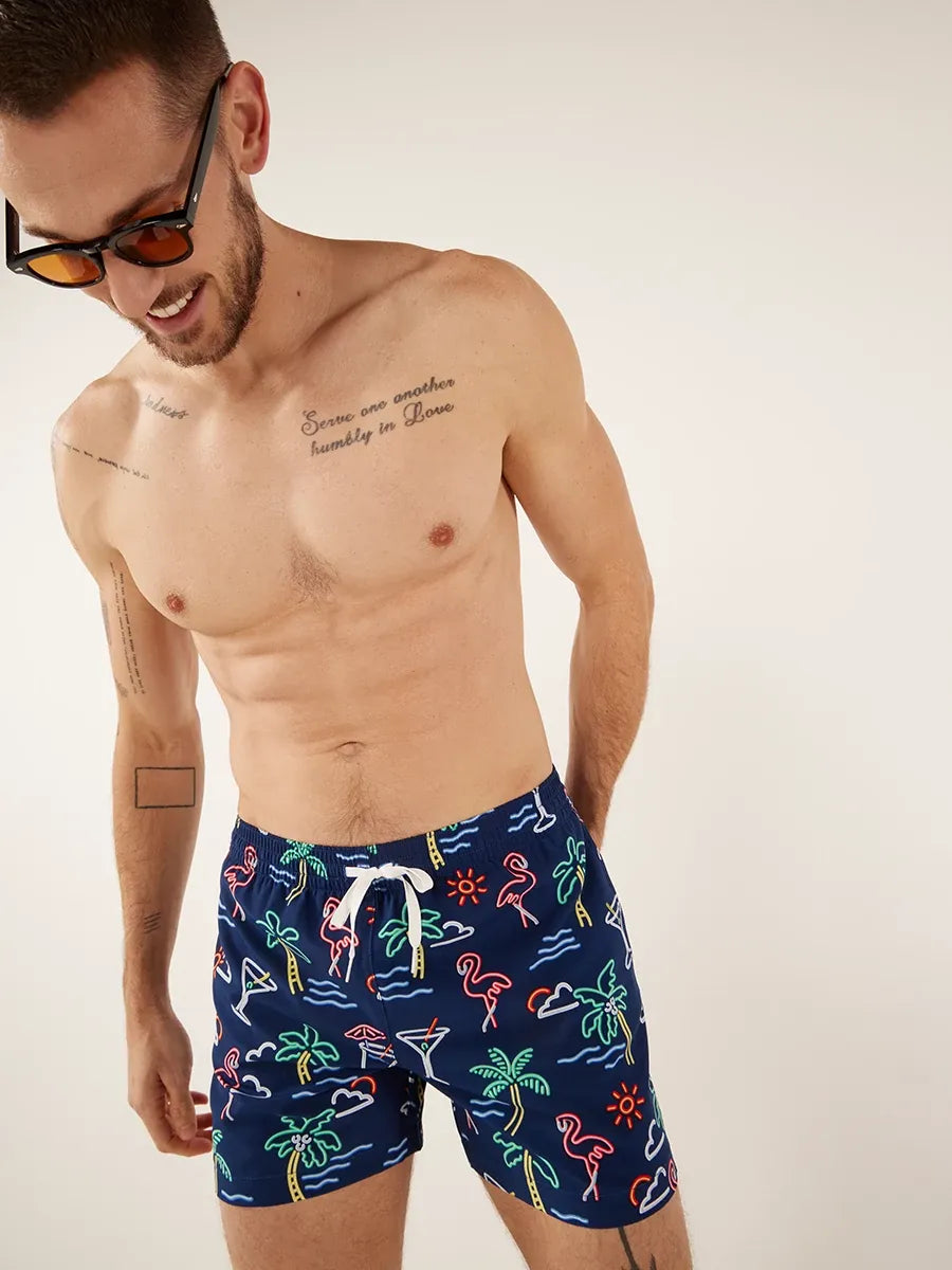 Chubbies 5.5 Inch Neon Lights Swim Trunks for Men - Quick Dry Swim Shorts with Pockets - Navy Blue Swimwear for Beach, Pool & Summer Vacations