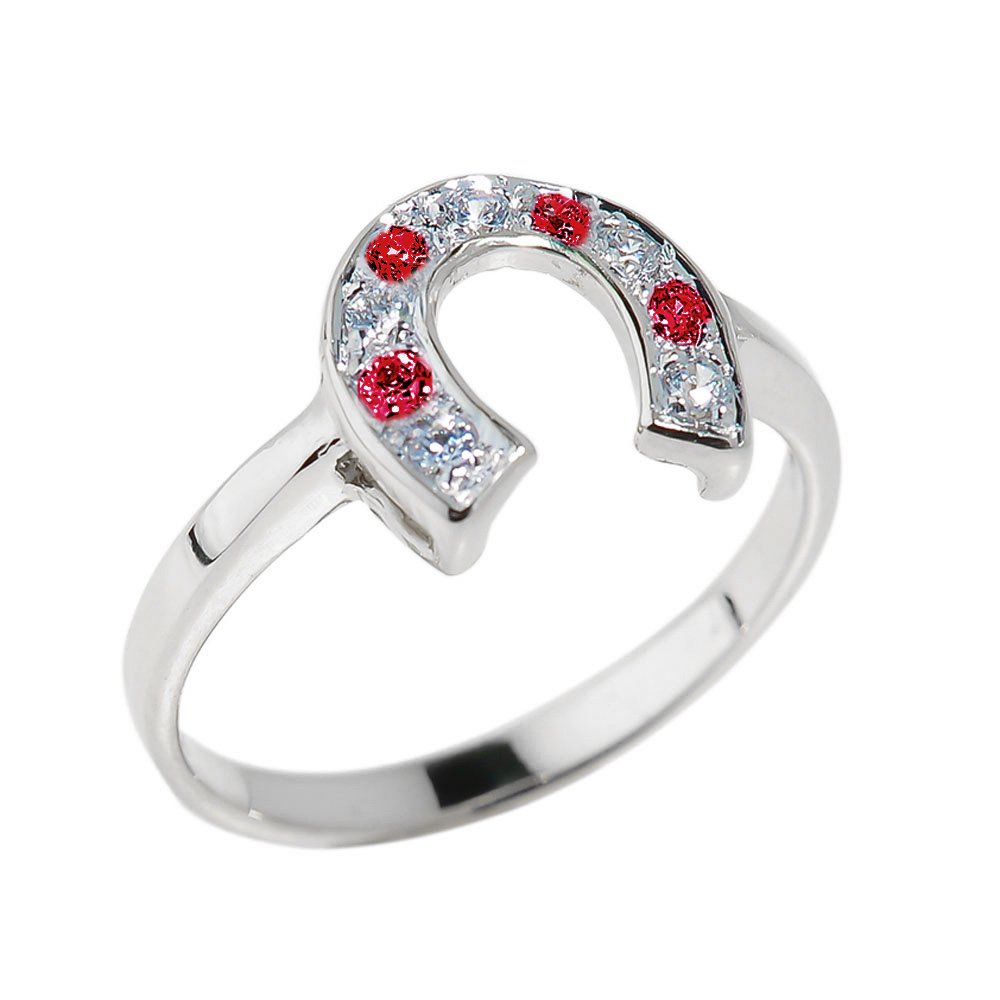 10k White Gold Red & White CZ Lucky Horseshoe Ring for Women - Elegant Jewelry Gift for Birthday, Anniversary & Good Luck Charm