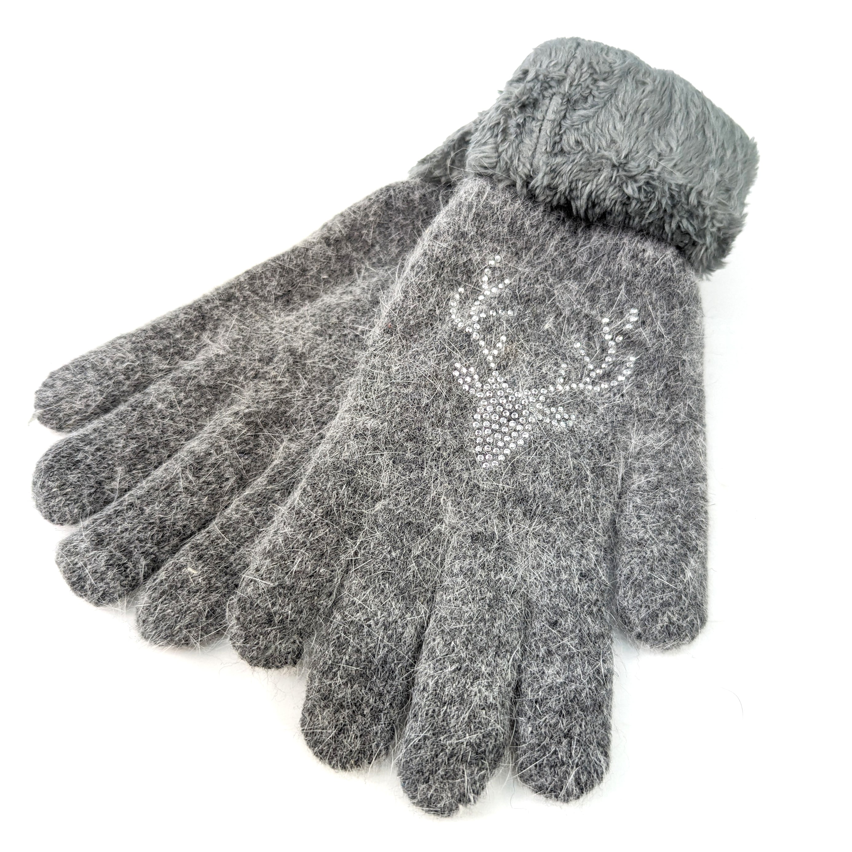 Stylish Grey Stag Faux Fur Gloves for Women - Winter Warm Touchscreen Gloves - Perfect for Outdoor Activities, Skiing, and Cold Weather Fashion
