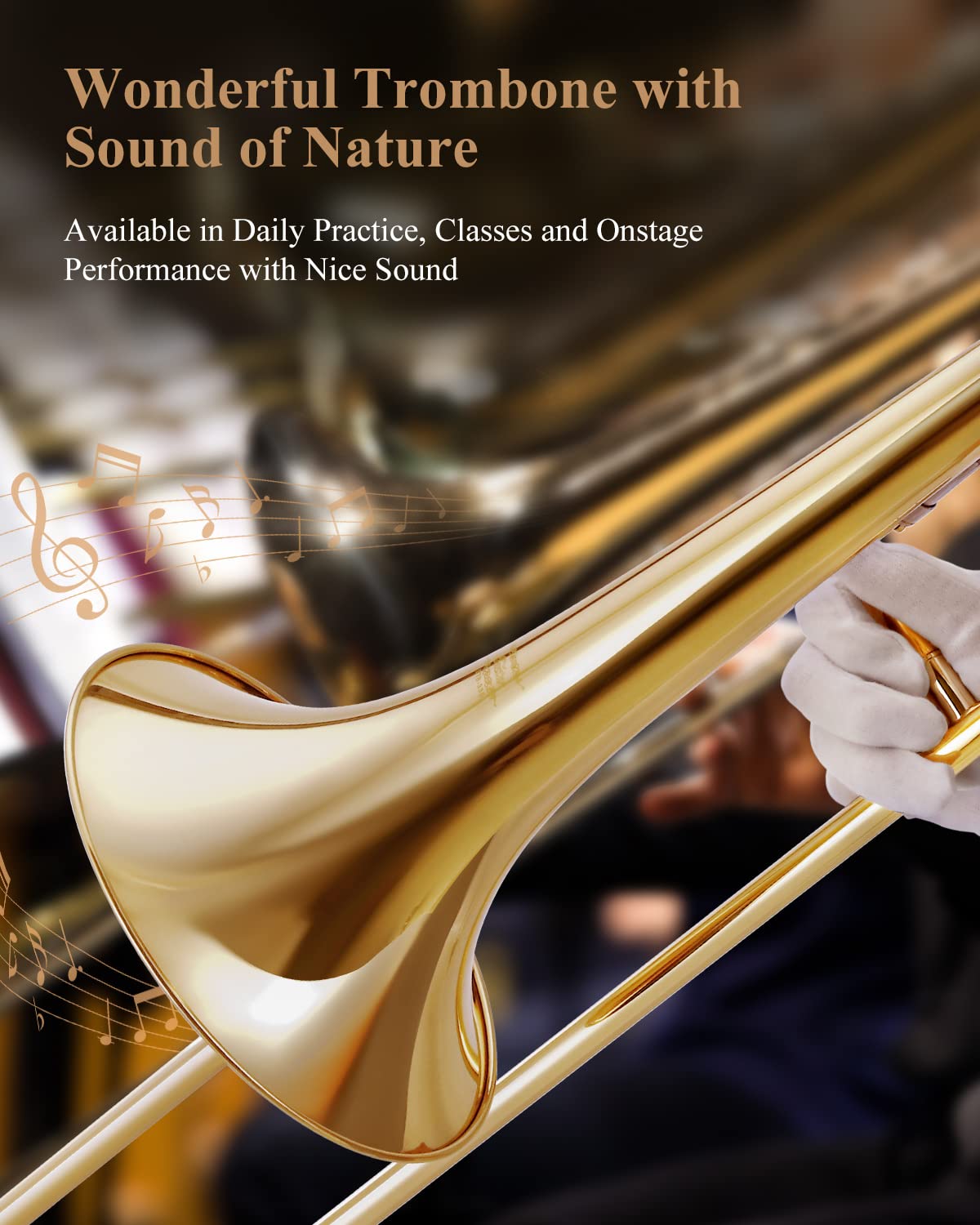 Eastar Bb Tenor Slide Trombone for Beginners - Brass Plated Student Trombone with Mouthpiece, White Gloves & Cleaning Kit (ETB-330, Golden) - Perfect for School Band, Jazz Ensemble & Music Practice