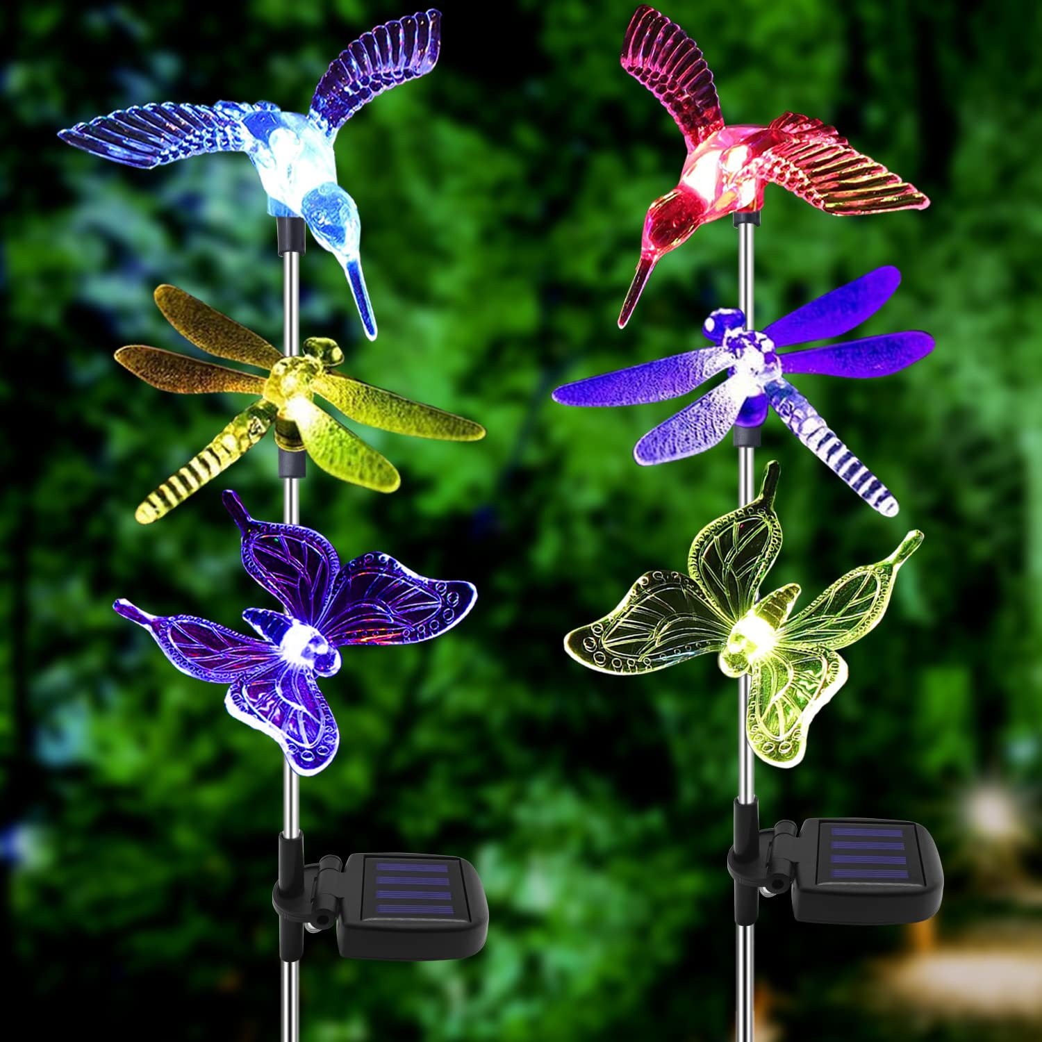 Solar Powered Outdoor Garden Lights - 2 Pack Color Changing LED Figurine Stake Lights with Hummingbird, Butterfly & Dragonfly Designs for Patio, Yard, Pathway - Perfect for Halloween, Christmas & Landscape Decoration