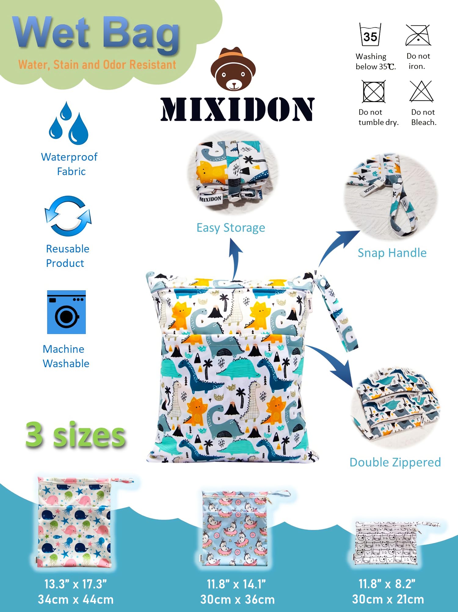 MIXIDON Waterproof Wet Dry Bag for Swimsuits, Baby Clothes & Diapers - Reusable Travel Organizer for Beach, Pool & Gym - 12 Stylish Patterns