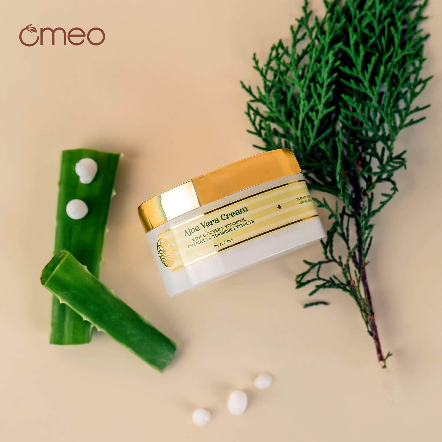 Omeo Aloe Vera Cream 50g with Vitamin E, Calendula & Turmeric Extracts - Hydrating Face & Body Moisturizer for Dry Skin | Smooth, Nourished & Moisturized | Perfect for Daily Skincare & After Sun Care