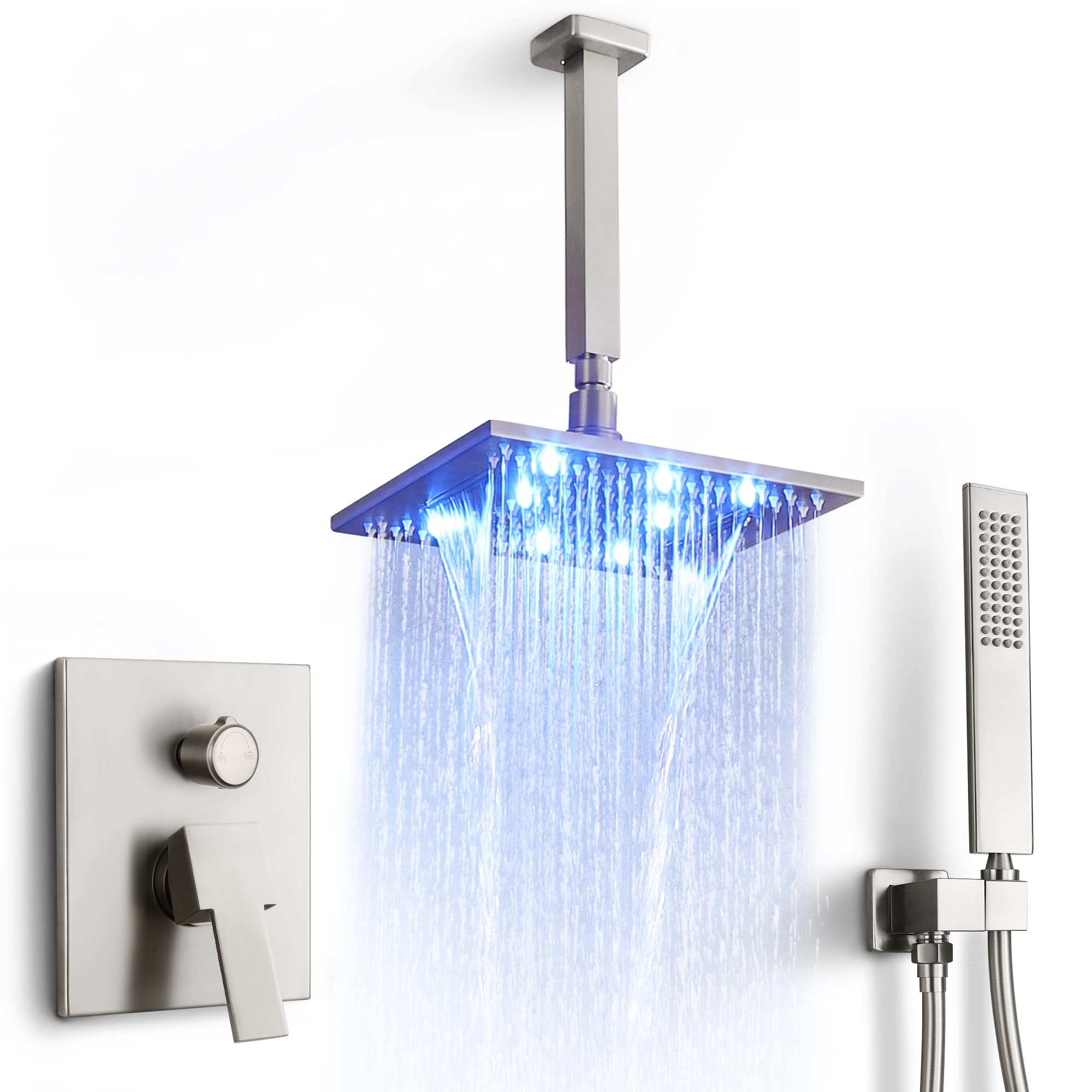 SKOWLL Ceiling Mounted Shower System - 2 Function Shower Control Valve with High Pressure Shower Head & Handheld Spray Combo in Polished Chrome - Perfect for Modern Bathrooms & Spa-Like Shower Experience