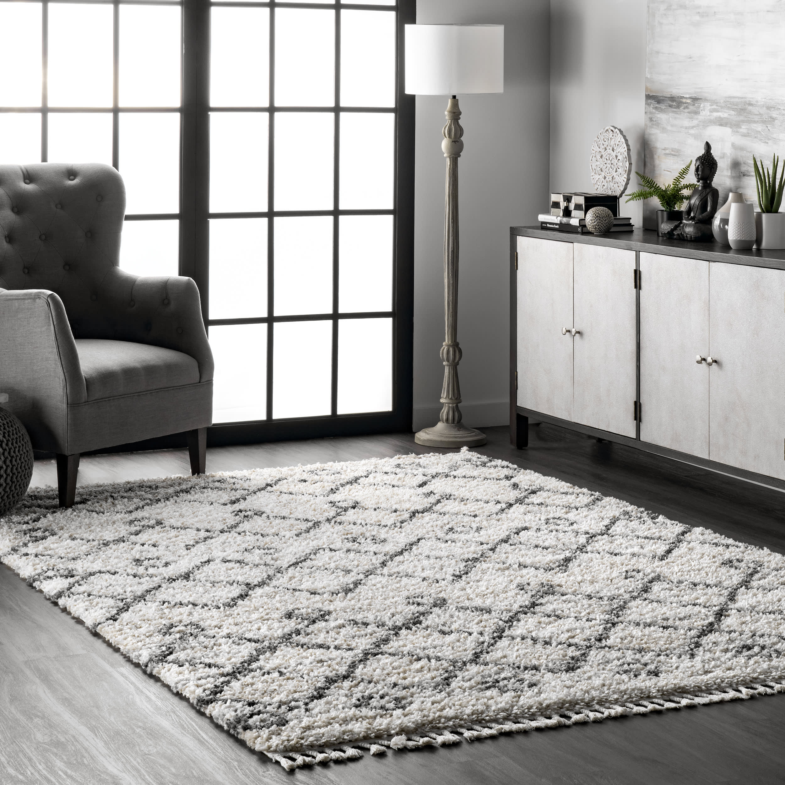 Luxury Diamond Moroccan Shag Rug with Tassels - Soft Ivory Bohemian Area Carpet for Living Room, Bedroom & Nursery Decor