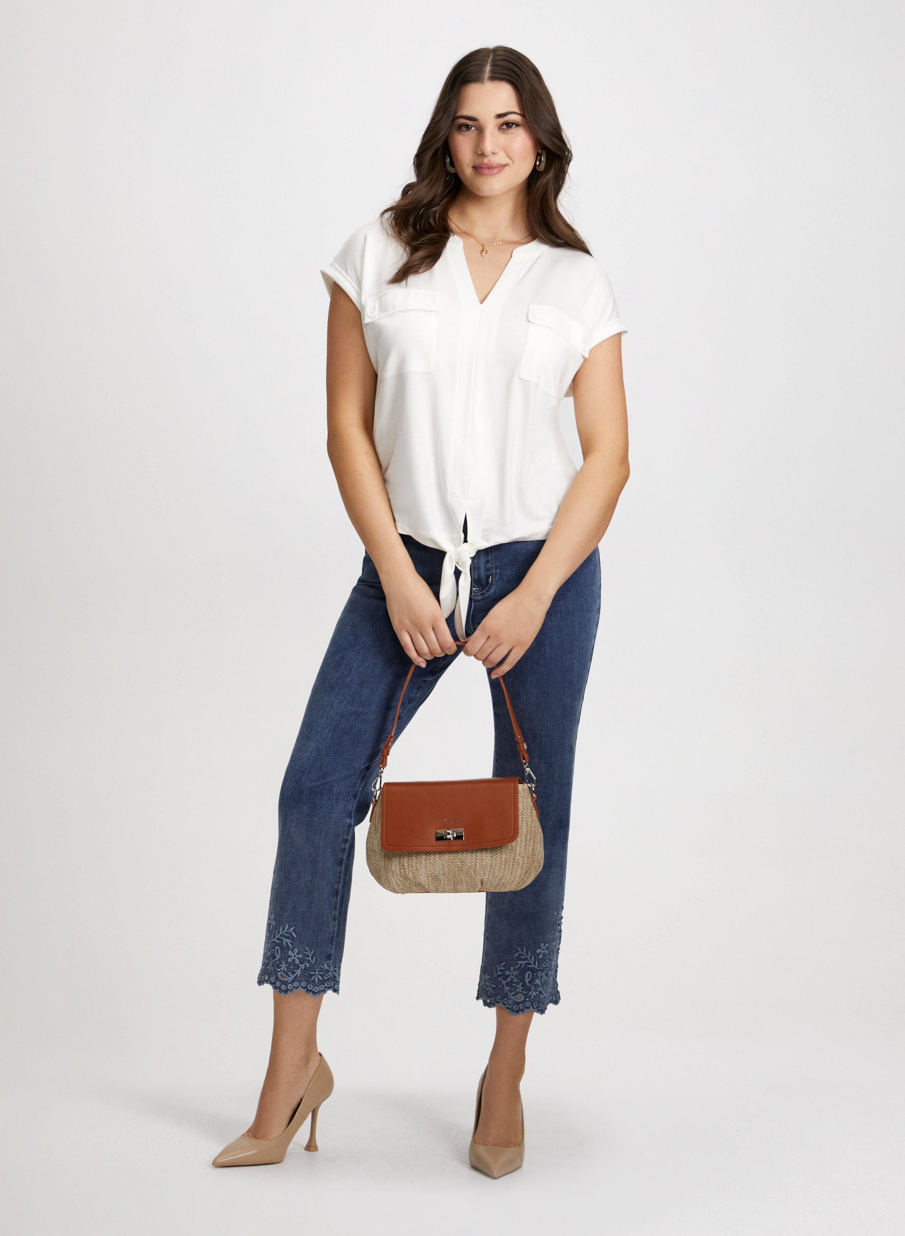 Flap Pocket Detail Top & Embroidered Hem Jeans for Women - Stylish Casual Outfit for Everyday Wear, Date Night and Office