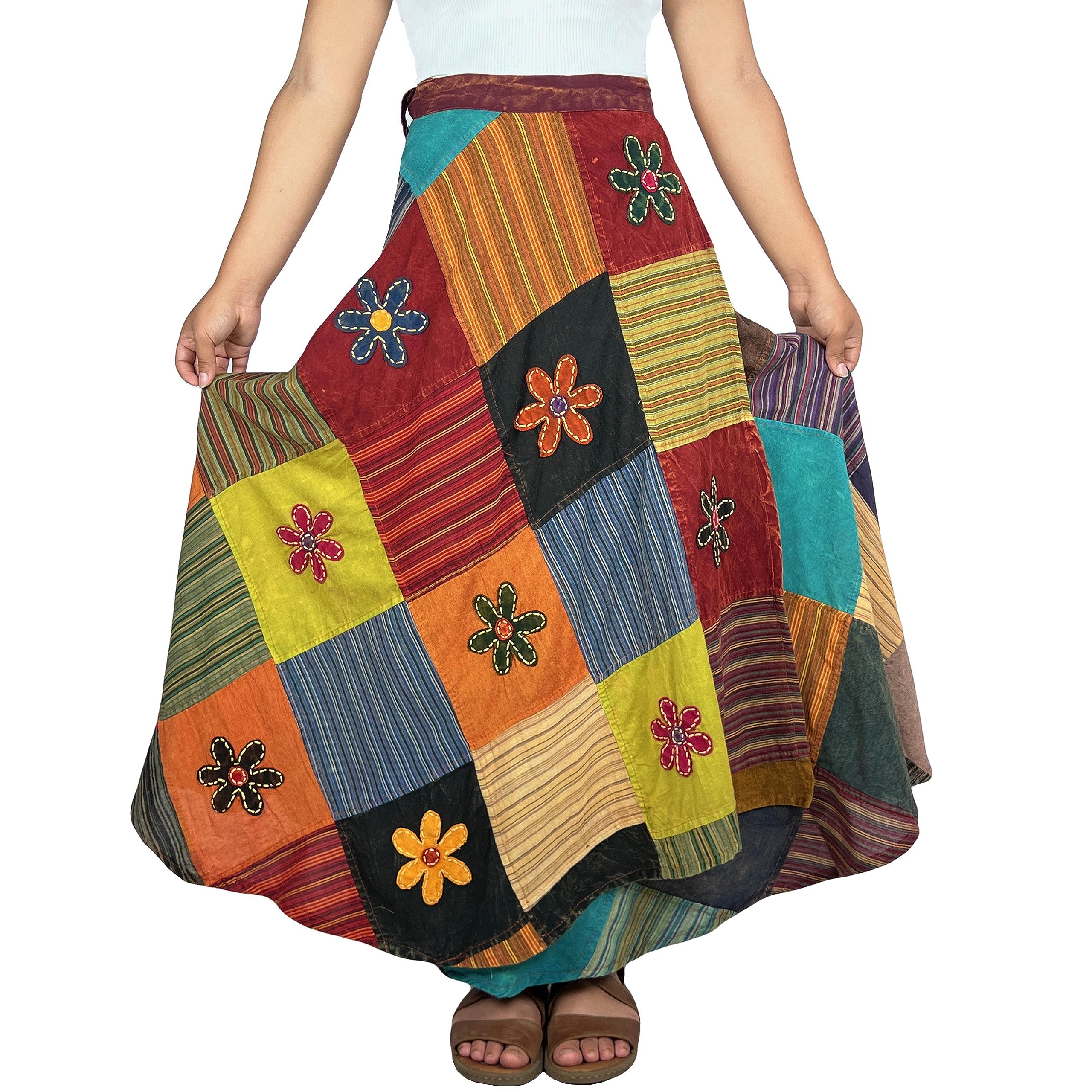 Agan Traders Women's 2025 Spring & Fall Boho Maxi Skirt - High Waisted Long Bohemian Wrap Skirt with Patchwork & Tie-Up Design for Beach, Festival, and Casual Wear