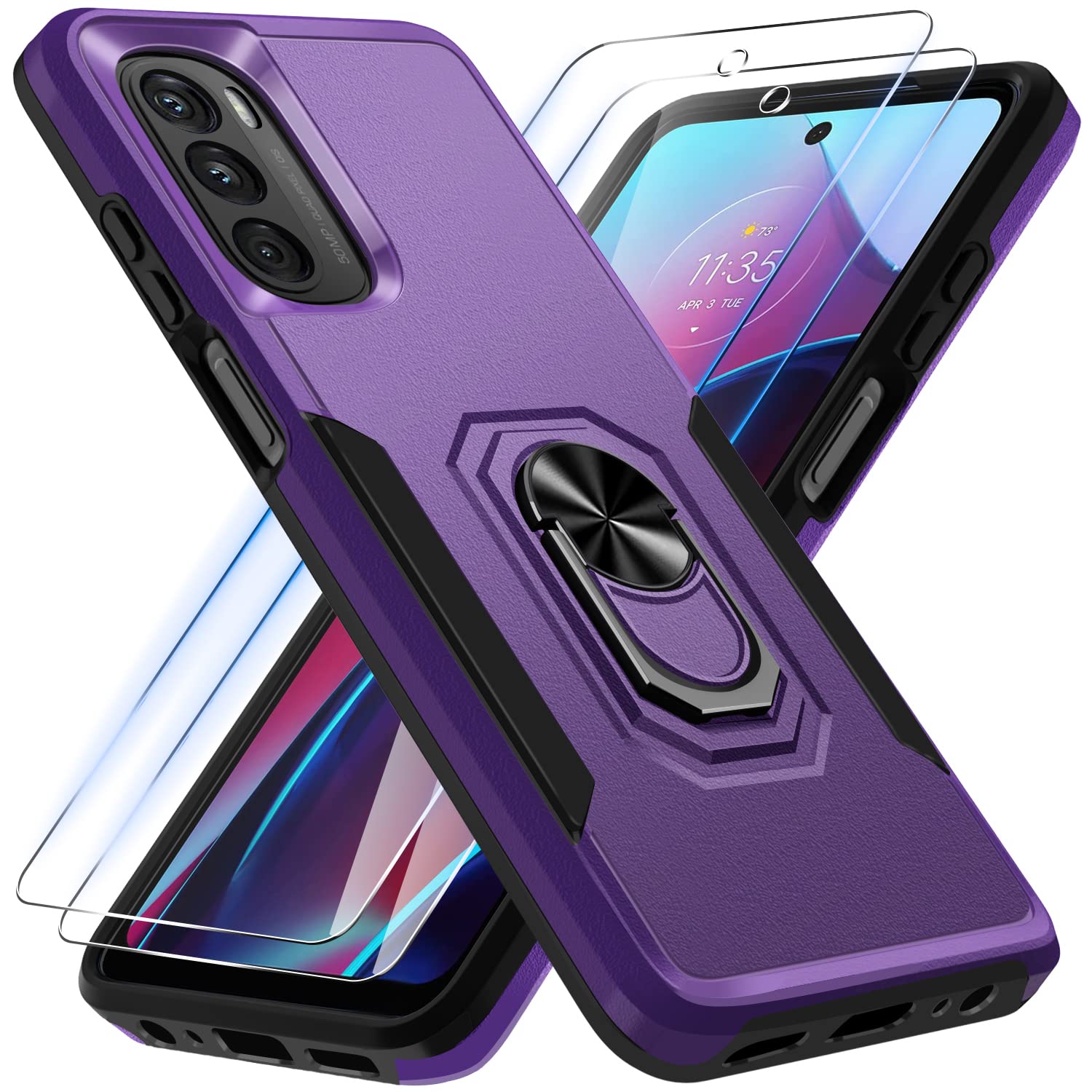 Janmitta Heavy Duty Shockproof Case for Moto G 5G 2022 - Full Body Protective Cover with Built-in Rotatable Metal Ring Holder & Kickstand + Screen Protector (Lavender) | Perfect for Outdoor Activities, Travel, and Daily Protection