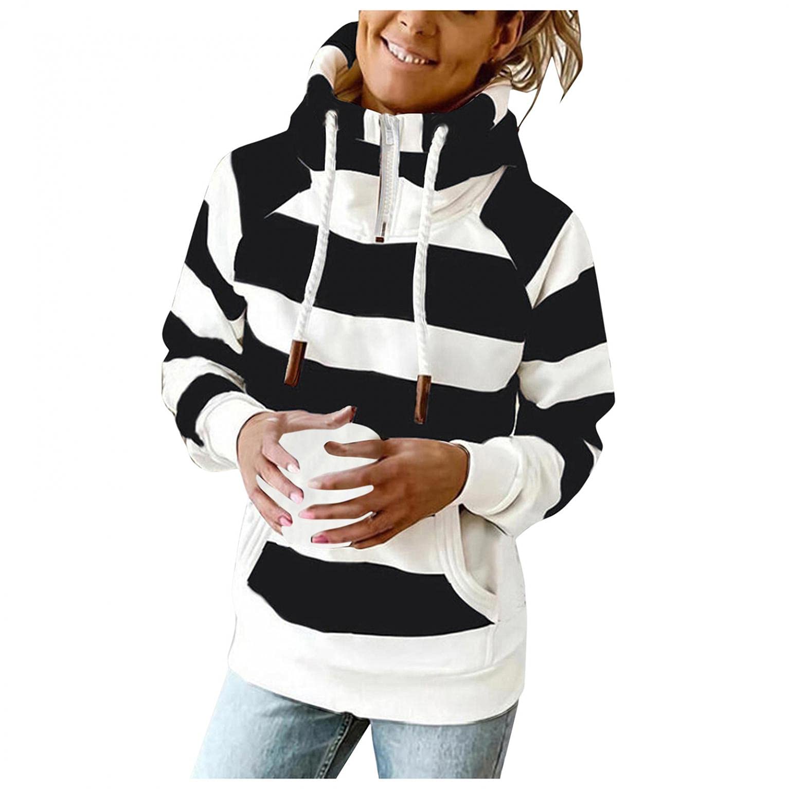 ONHUON Women's Long Sleeve Hooded Sweatshirt - Striped Color Block Quarter Zip Pullover Top | Casual Aesthetic Hoodie for Everyday Wear, Gym & Outdoor Activities