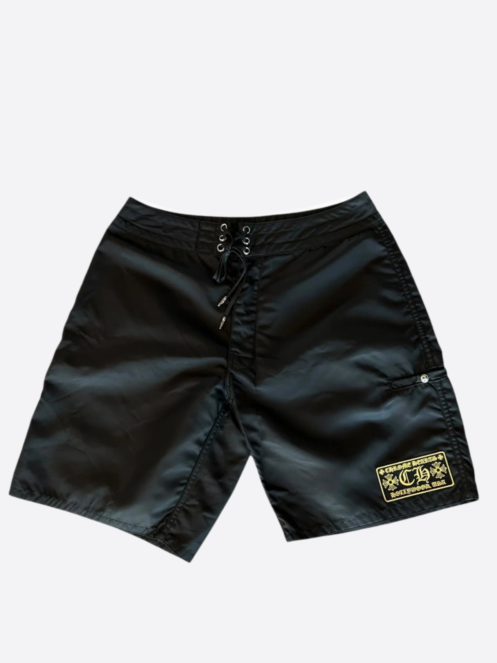 Chrome Hearts Black & Yellow Patch Swim Shorts for Men - Stylish Beach & Pool Swimwear for Summer Vacation & Water Sports