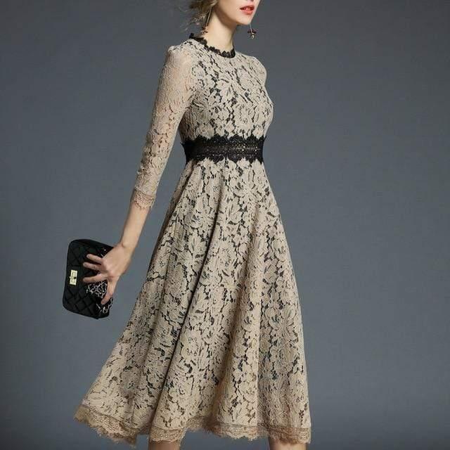Luxury Women's Elegant Spring Blue & Khaki Lace Patchwork Long Dress for Runway, Evening Gala & Special Occasions
