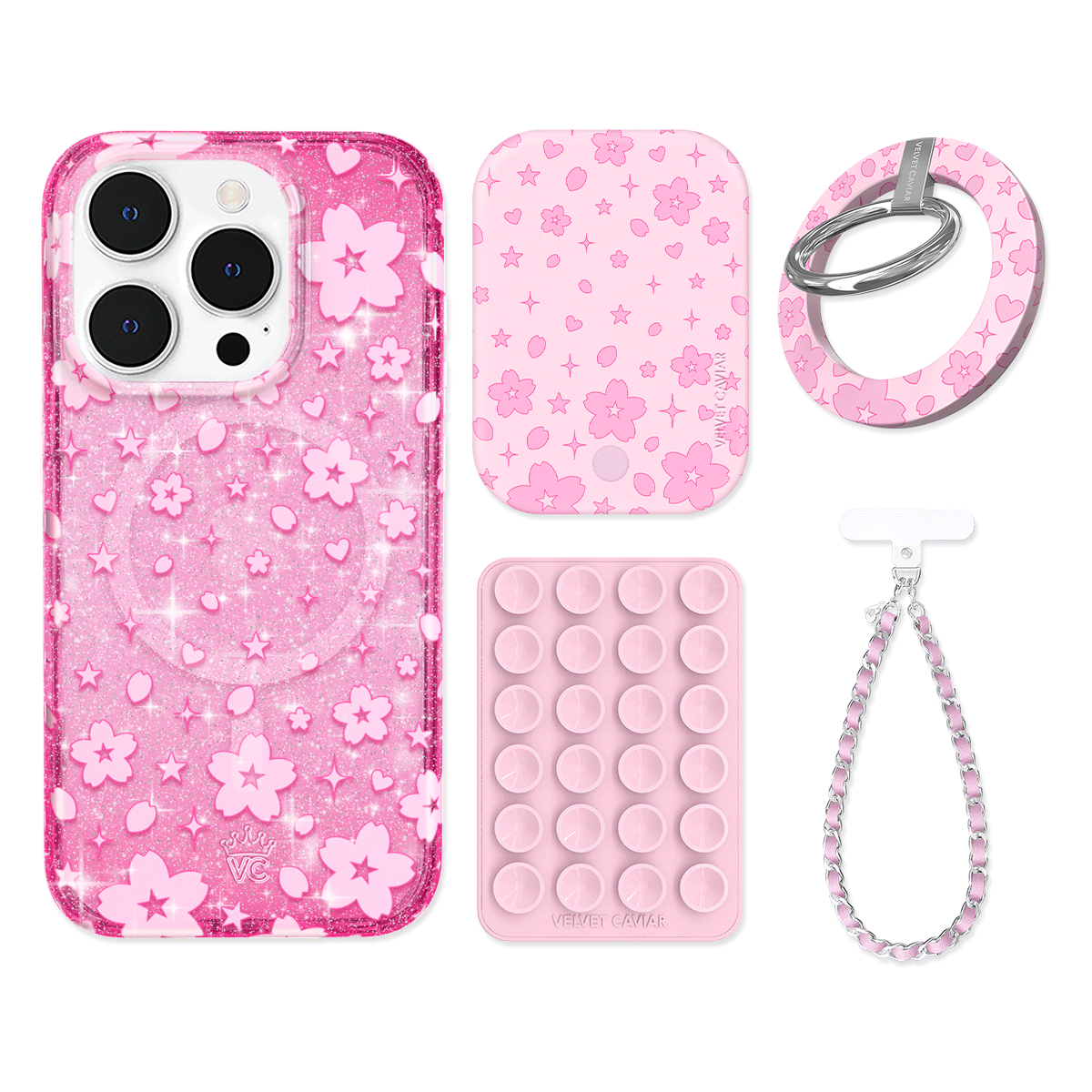 Cherry Blossom Glitter iPhone Case with Grip - Cute Floral Phone Cover for iPhone 13/14/15 Pro Max - Non-Slip Shockproof Protection - Perfect for Daily Use, Travel & Selfies