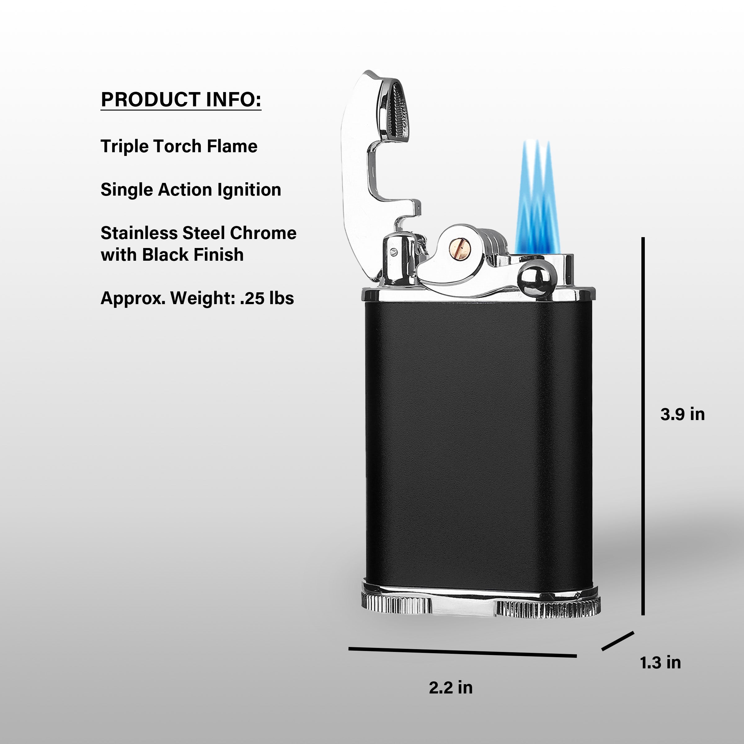 Visol Retro Butane Torch Lighter - Triple Flame Refillable Gas Lighter with Built-in Cutter, Detachable Poker & Windproof Adjustable Flame - Black & Chrome - Perfect for Cigars, Camping, BBQ & Outdoor Use