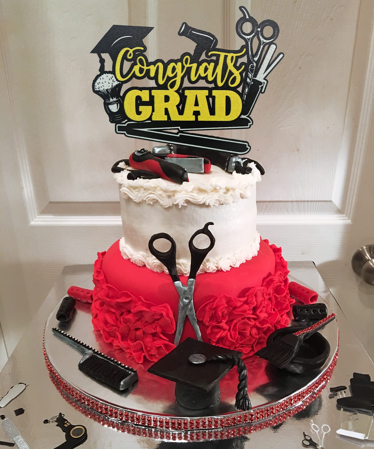 Glitter Barber Congrats Grad Cake Topper - Barber School Graduate Cake Decorations for Hairdresser Graduation Party - Perfect for Barber Cake Picks, Graduation Celebrations & Salon Themed Events