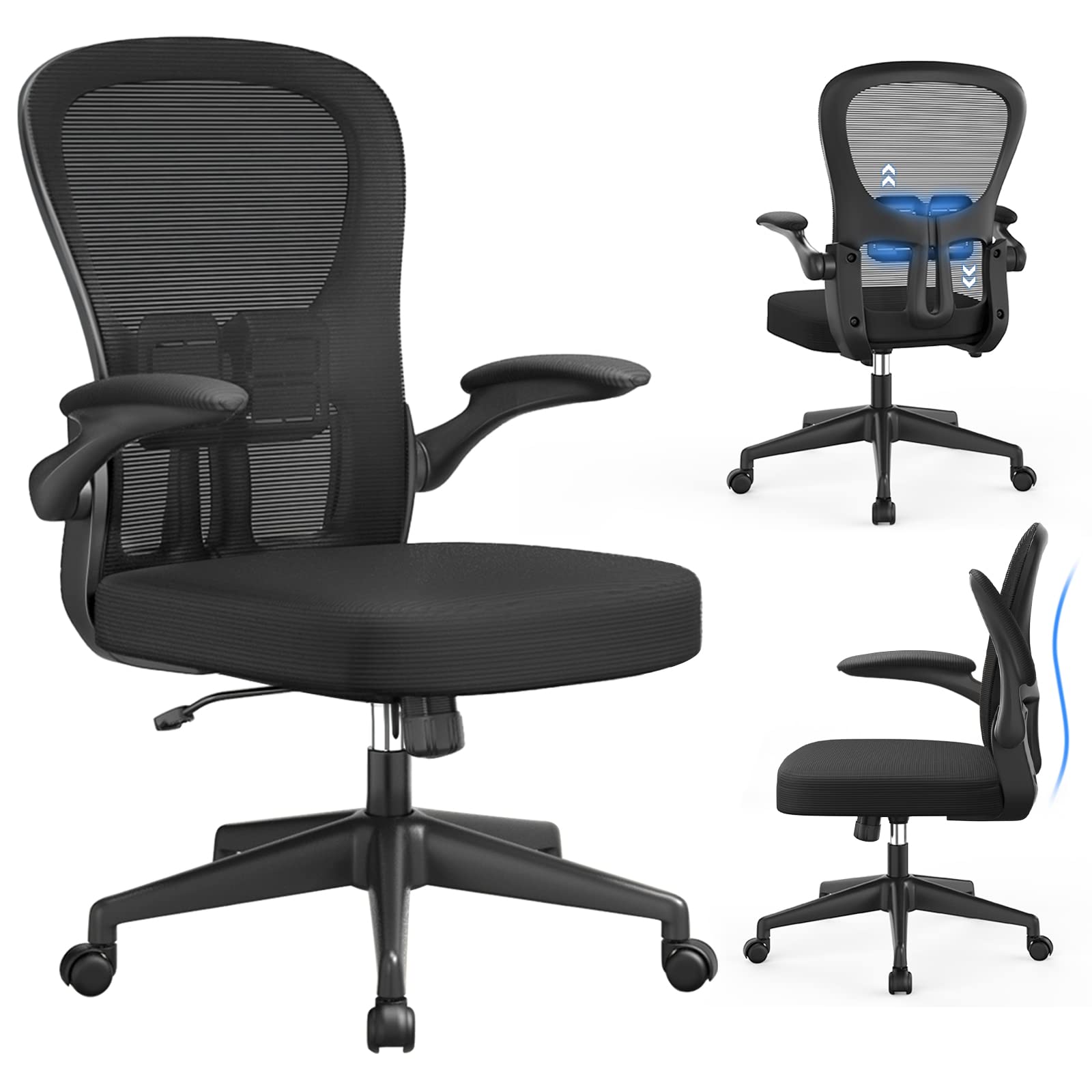 Ergonomic Office Chair with Flip-Up Armrests & Lumbar Support - Adjustable Swivel Computer Desk Chair for Home & Office - Mesh Task Chair with Height & Tilt Adjustment - Perfect for Long Work Hours, Gaming, or Studying