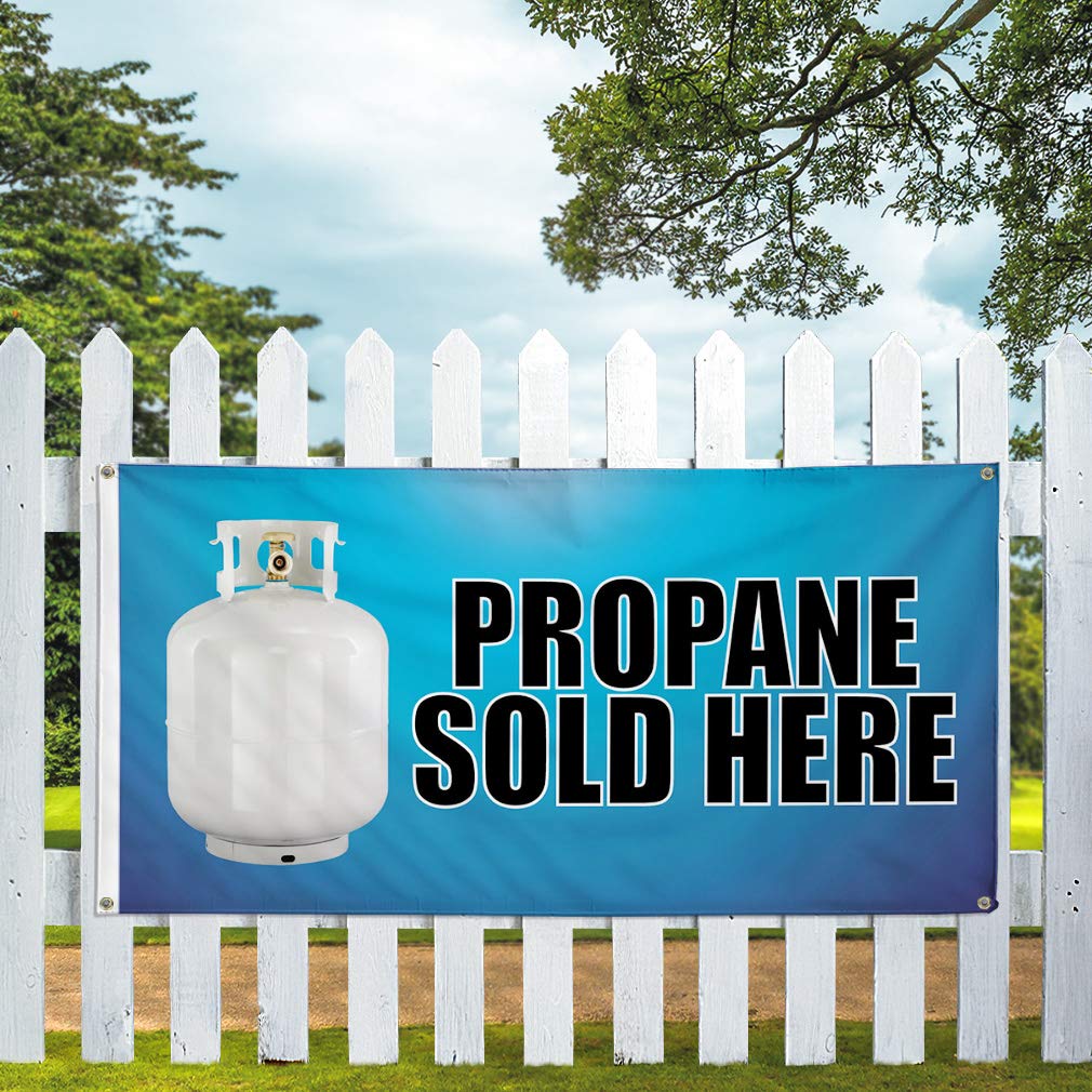 Vinyl Banner - Propane Sold Here Sign - Weatherproof Outdoor Advertising Banner for Business, Yard, Industrial Use - Multiple Sizes (60x144 Inches) with 10 Grommets - Perfect for Gas Stations, Construction Sites & Retail Promotions