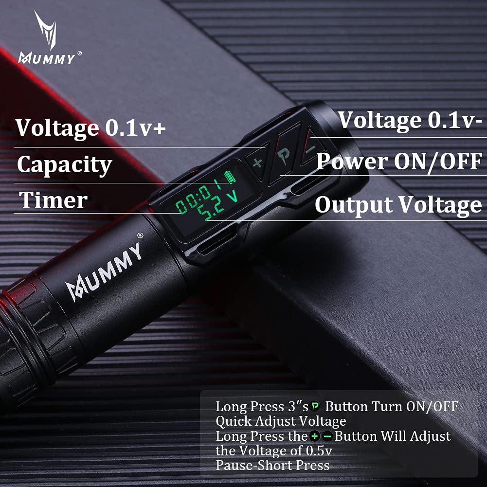 Professional Mummy Tattoo Rotary Pen Machine - 1800mAh Battery, Coreless Motor, LED Display - Cartridge Tattoo Equipment for Artists (Black) | Perfect for Tattoo Shops, Home Studios & Professional Tattoo Artists