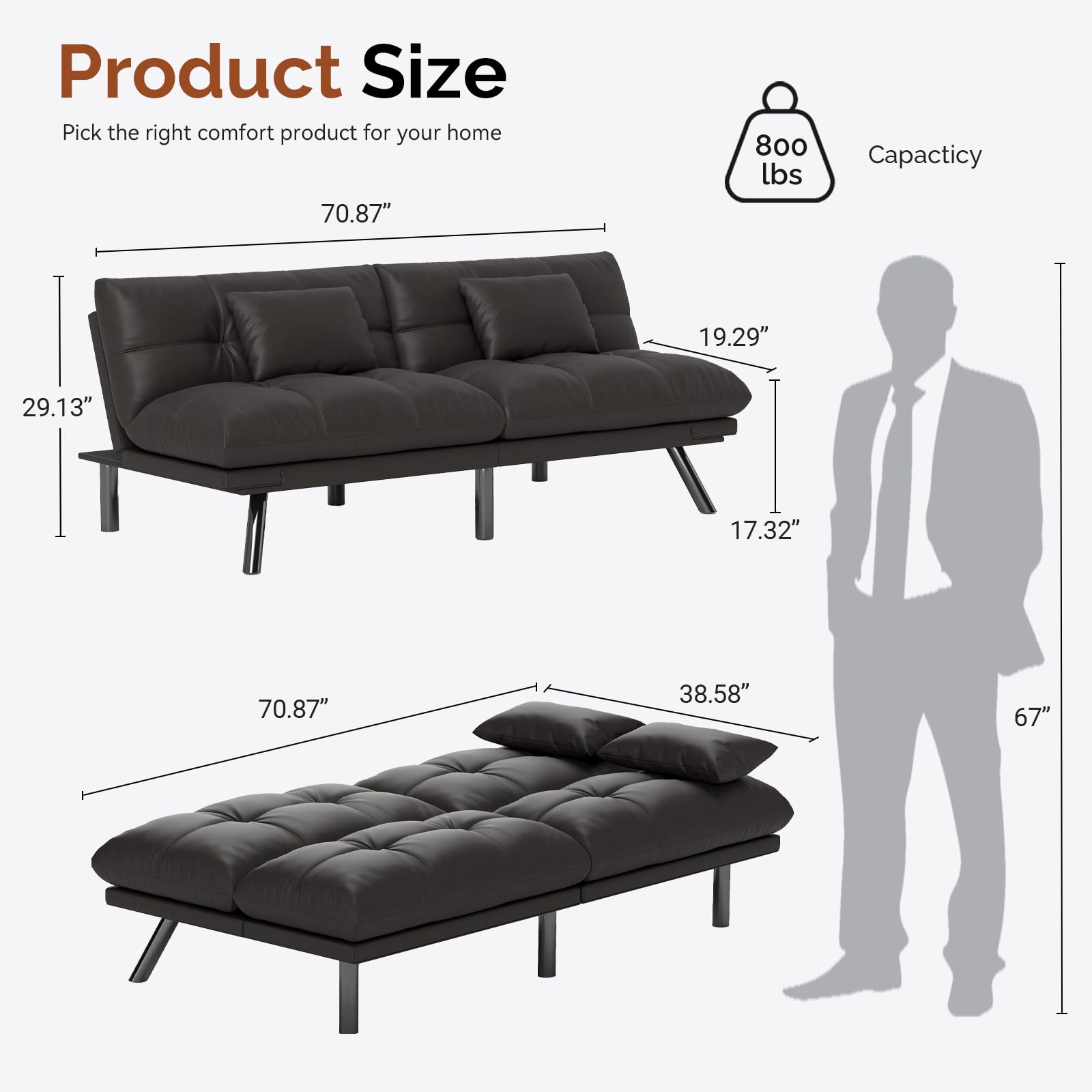 Convertible Futon Sofa Bed with Water-Resistant Fabric & 2 Cushions - Light Black | Space-Saving Sleeper Sofa for Small Apartments, Guest Rooms & Dorm Living