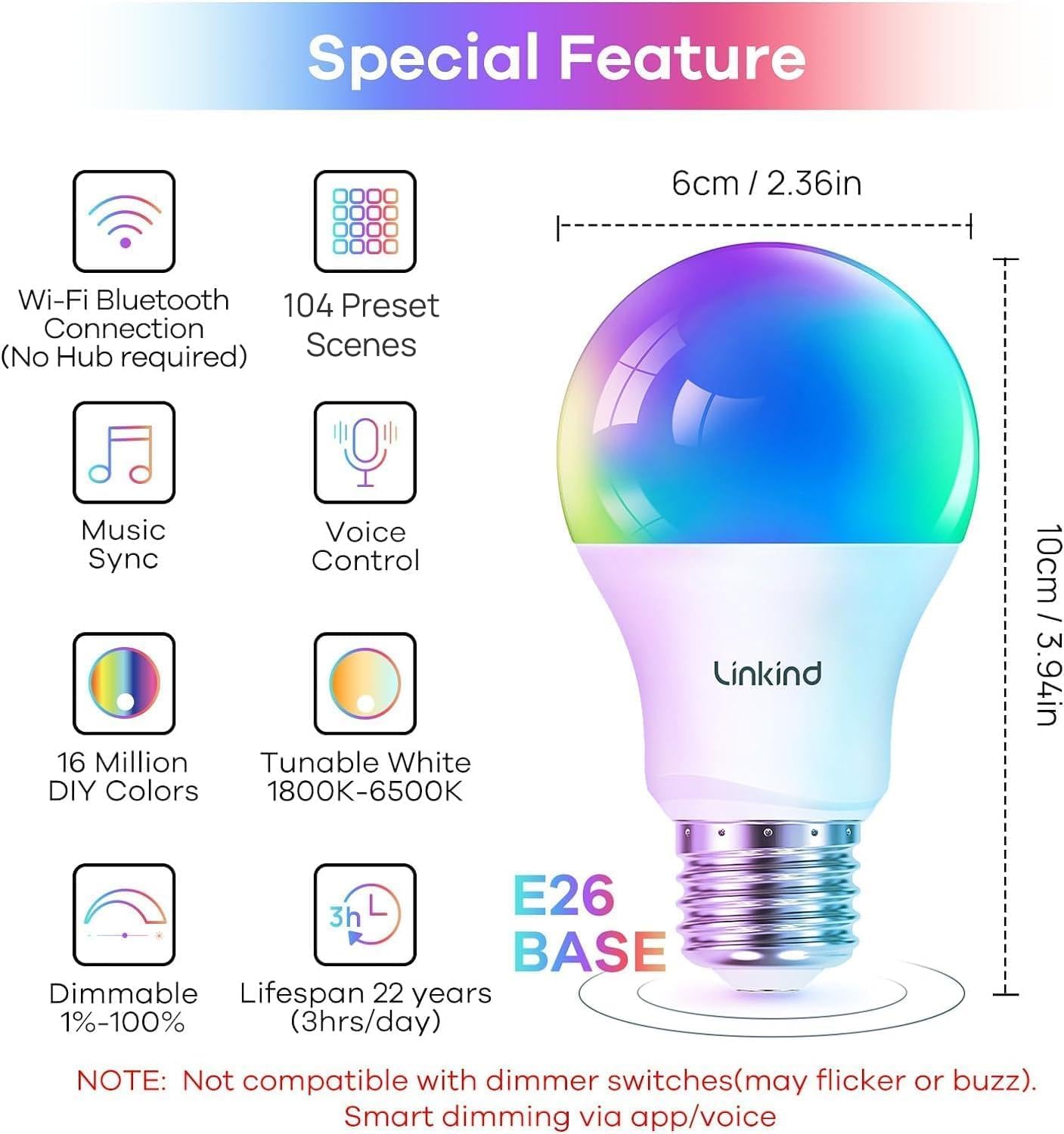 Linkind Smart WiFi Light Bulbs - 6 Pack Color Changing RGBTW LED Bulbs, Works with Alexa & Google Home, A19 E26 Dimmable, No Hub Required, 800 Lumens, 2.4GHz WiFi - Perfect for Bedroom, Living Room & Party Lighting