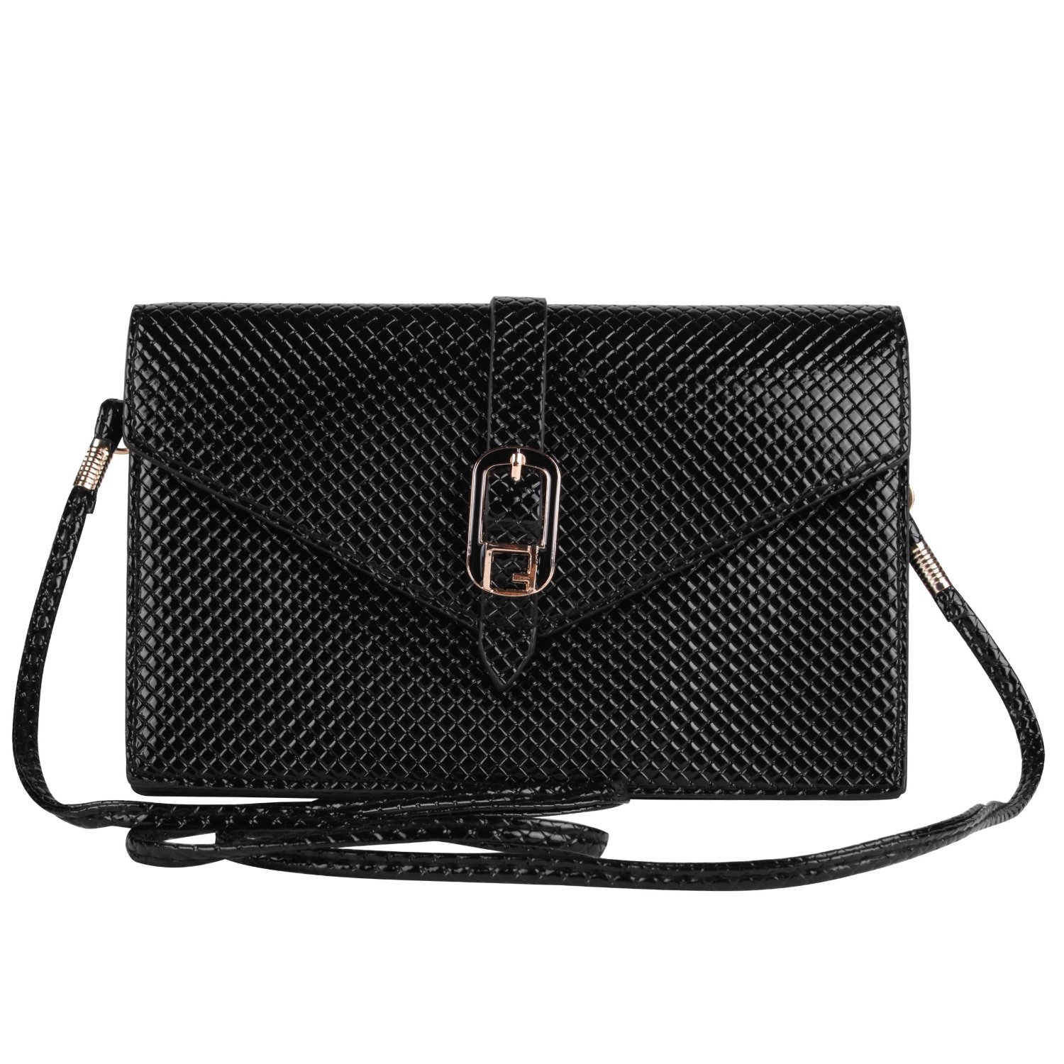 VanGoddy Diamond Hatched Slim Crossbody Shoulder Bag - Solid Black Clutch Purse for Phones Up to 6.75 Inches | Perfect for Everyday Use, Travel & Night Out