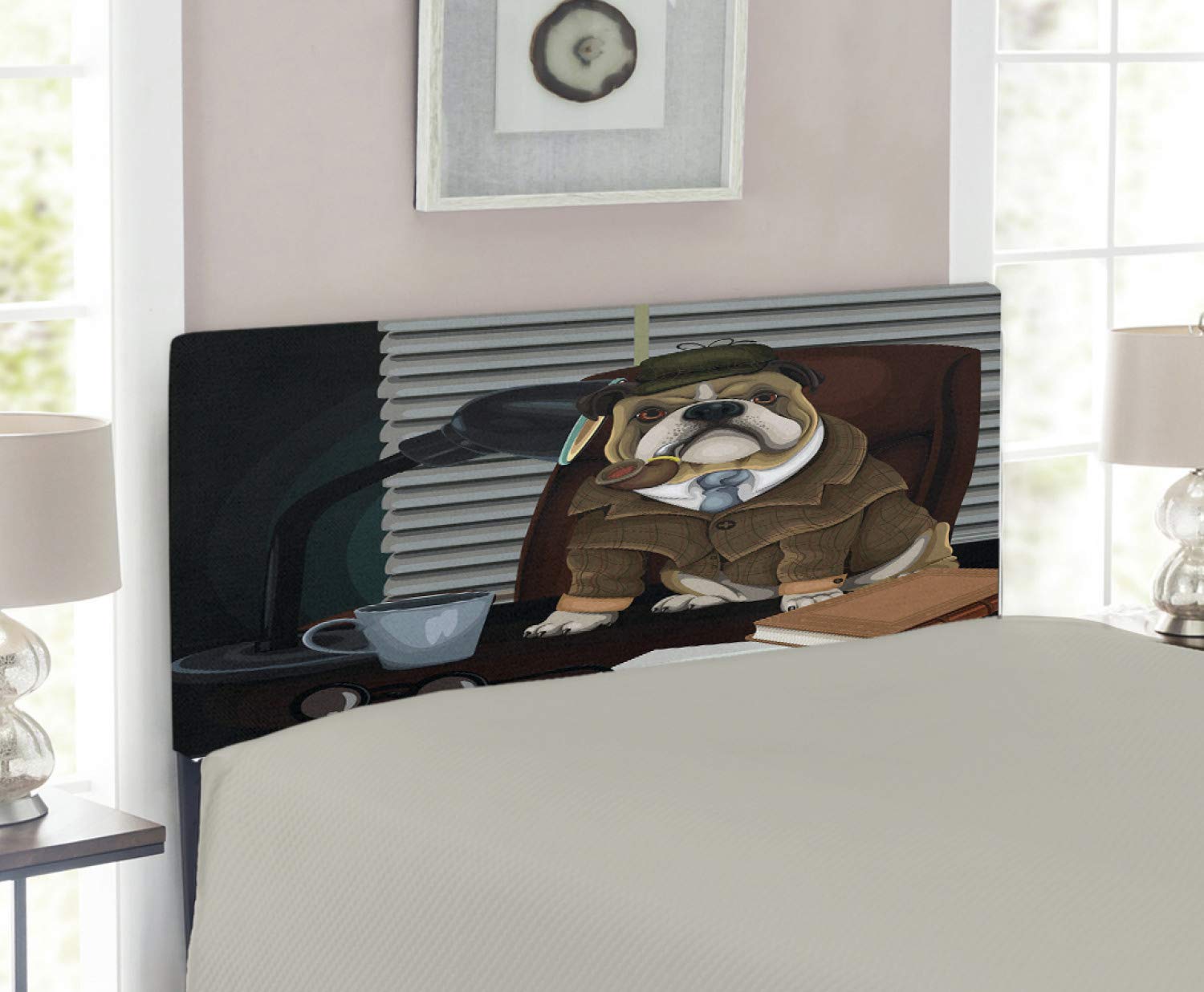 Ambesonne English Bulldog Headboard - Sherlock Holmes Detective Dog & Hat Design, Upholstered Metal Bed Headboard with Memory Foam, Twin Size, Multicolor - Perfect for Kids' Rooms & Themed Bedrooms