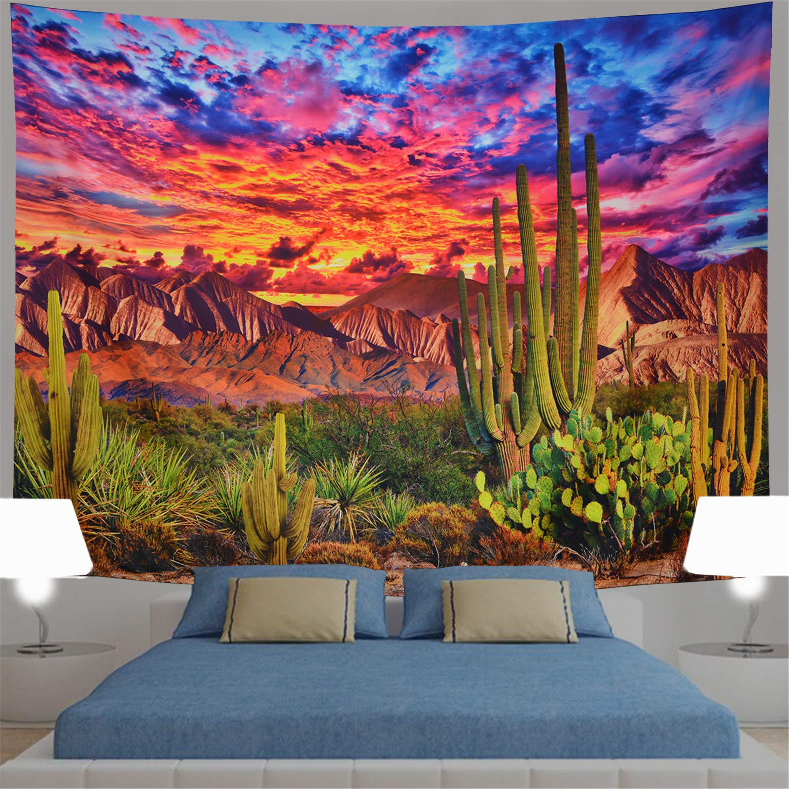 Generleo Mountain Desert Cactus Sunset Clouds Psychedelic Tropical Plants Wall Art - Vibrant Boho Wall Hanging for Bedroom, Living Room & Dorm Decor | Perfect for Bohemian Home Decor & Hippie Aesthetic