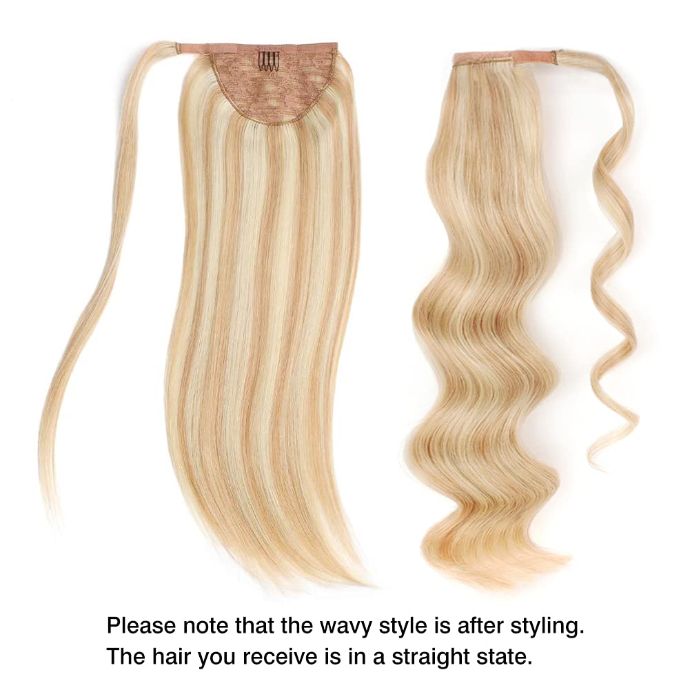 ABH AMAZINGBEAUTY HAIR Women's Ponytail Extension - 20 Inch Remy Human Hair with Dirty Blonde & Platinum Blonde Highlights (P12-60) - Easy Wrap Design - 100g - Perfect for Parties, Weddings & Everyday Styling