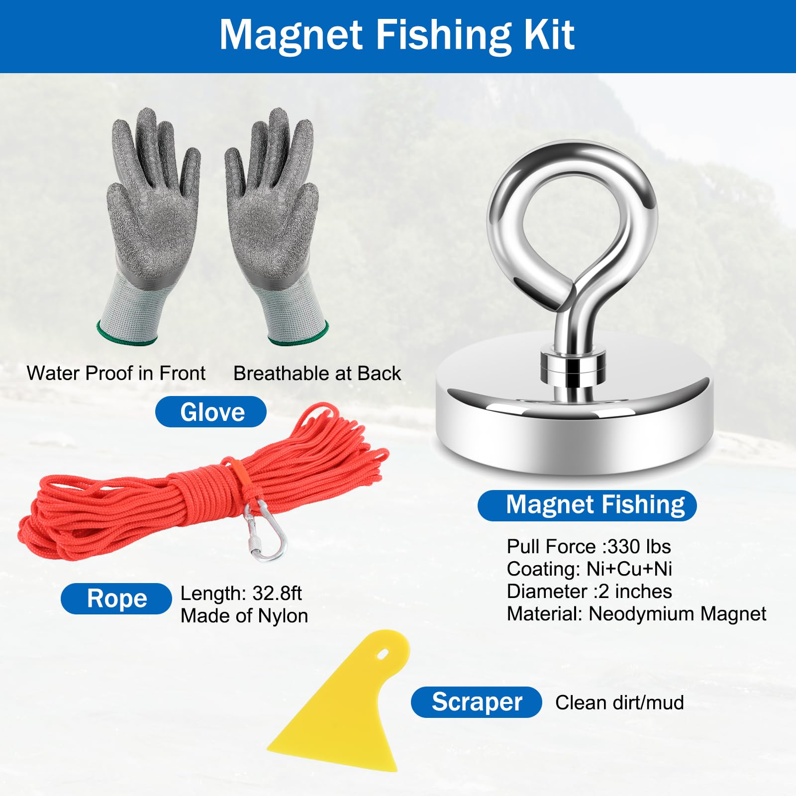 Neosmuk 300lb Heavy Duty Fishing Magnet Kit - 2.0 Inch Large Diameter Neodymium Rare Earth Magnet with Rope for Retrieving Tools & Metal Objects | Perfect for Magnet Fishing, Underwater Recovery, and DIY Projects
