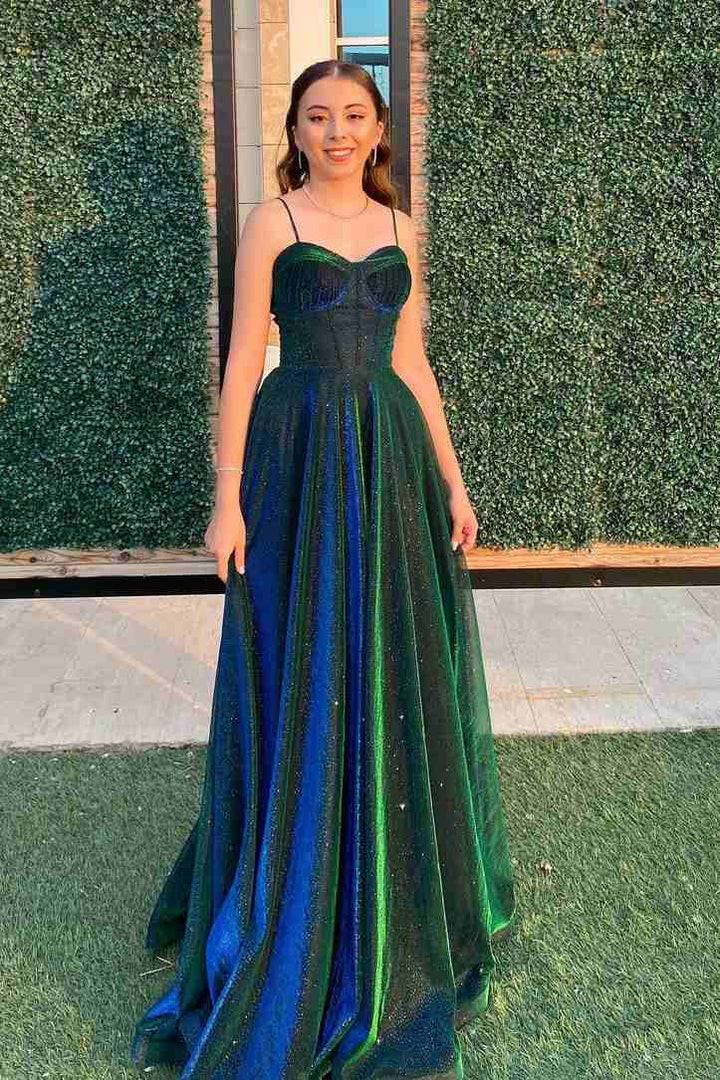 Elegant A-Line Green Long Prom Dress with Sparkling Details - Formal Evening Gown for Homecoming, Wedding Guest & Special Occasions - Style J5128