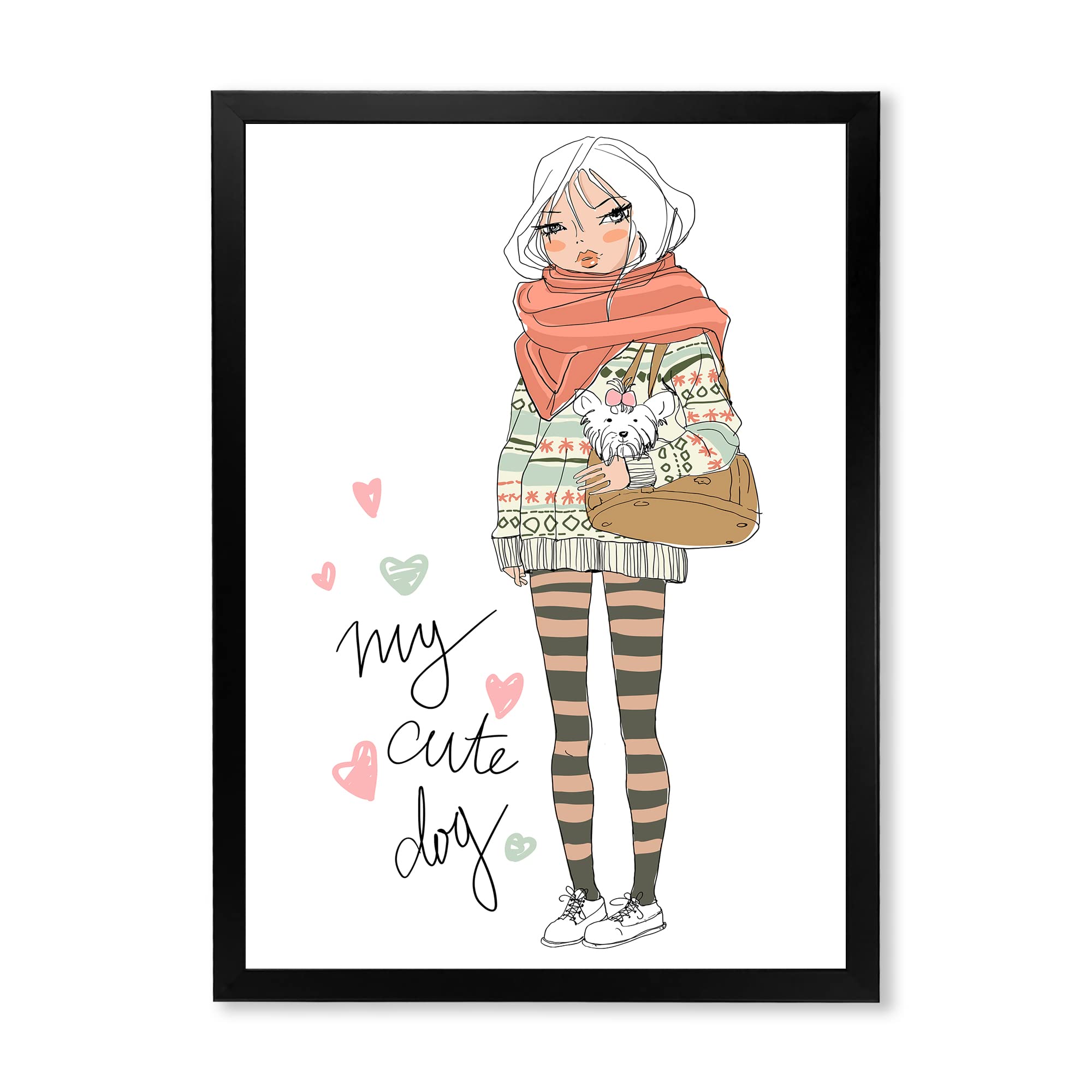 DesignQ Shabby Chic Framed Wall Art - Cute Girl with Dog Painting - Perfect for Nursery, Bedroom & Living Room Decor