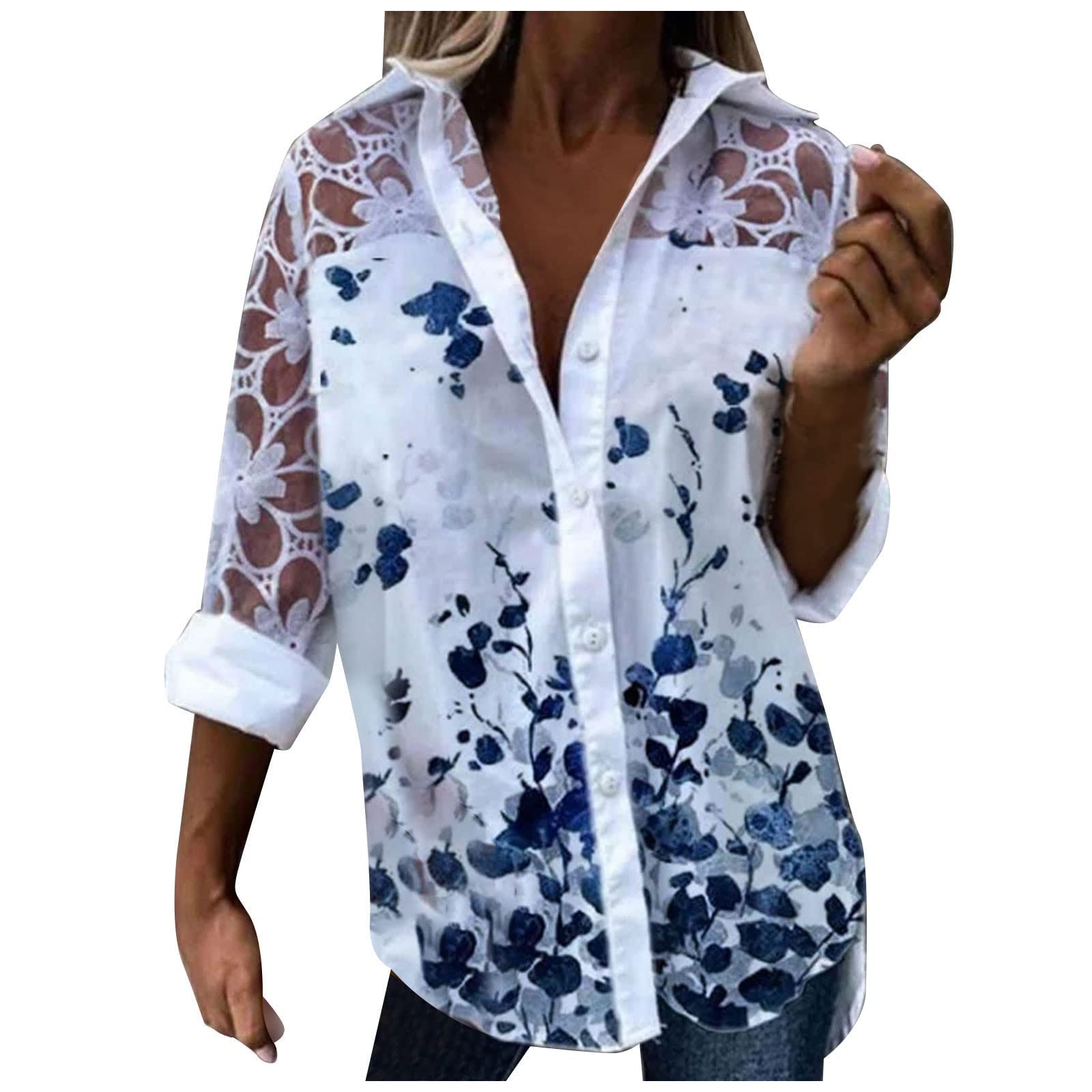 Women's Summer Button Down Shirt - Lace Long Sleeve Blouse with Printed Design for Business Casual & Office Wear | Perfect for Work, Dating & Special Occasions