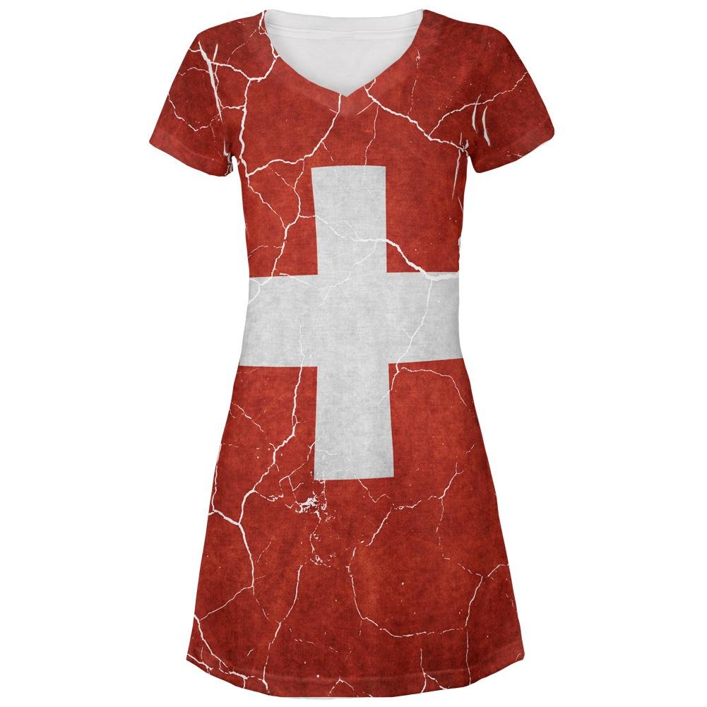 Distressed Swiss Flag Print Juniors Cover-Up Beach Dress - Stylish Swimwear Cover for Pool, Beach & Summer Vacations