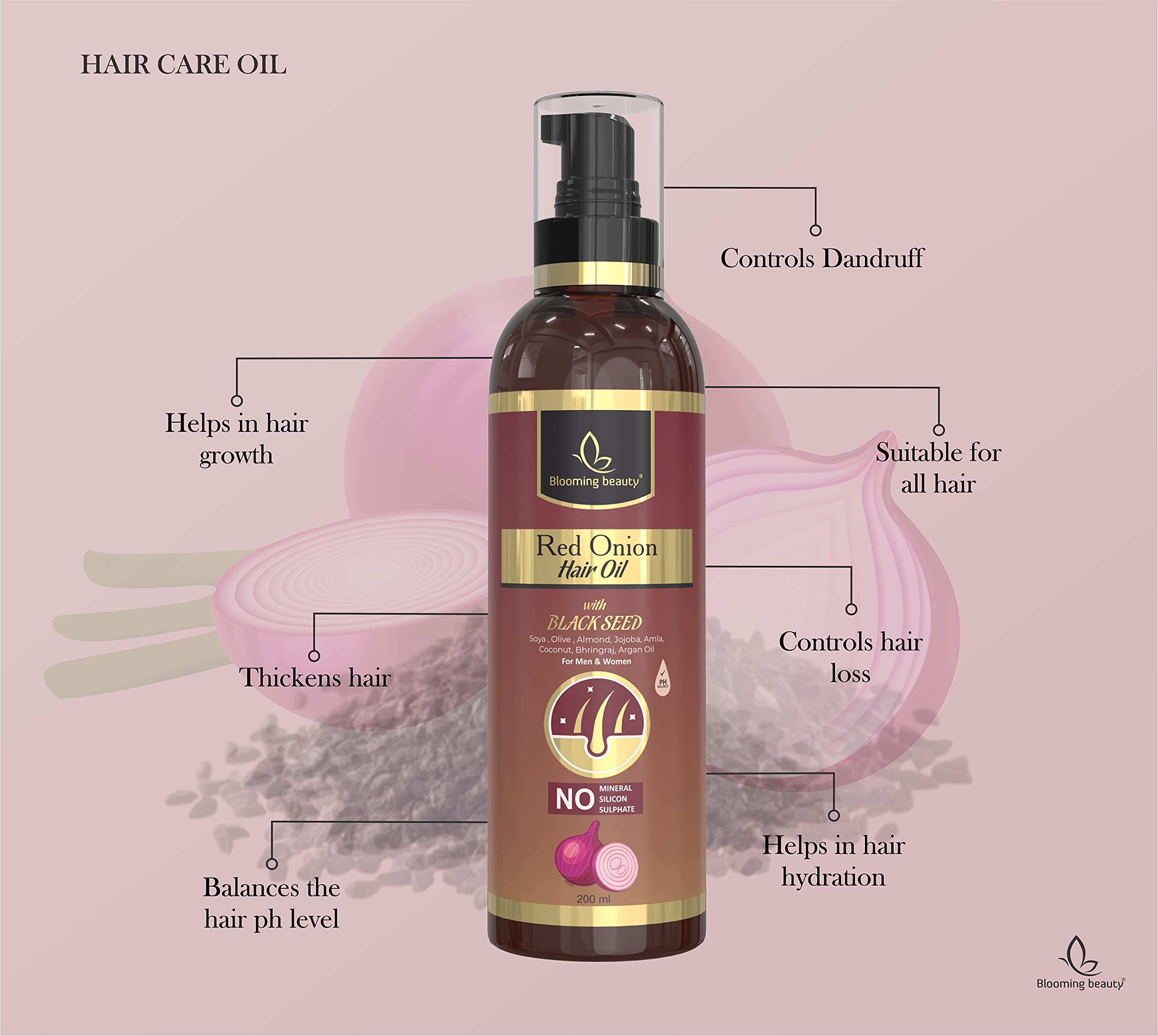 Blooming Beauty Red Onion Hair Growth Oil with Black Seed, Aloe Vera, Neem Leaf & Green Tea - 16 Natural Extracts for Thicker Hair & Hair Loss Prevention (200ml) - Perfect for Daily Scalp Massage & Damaged Hair Repair