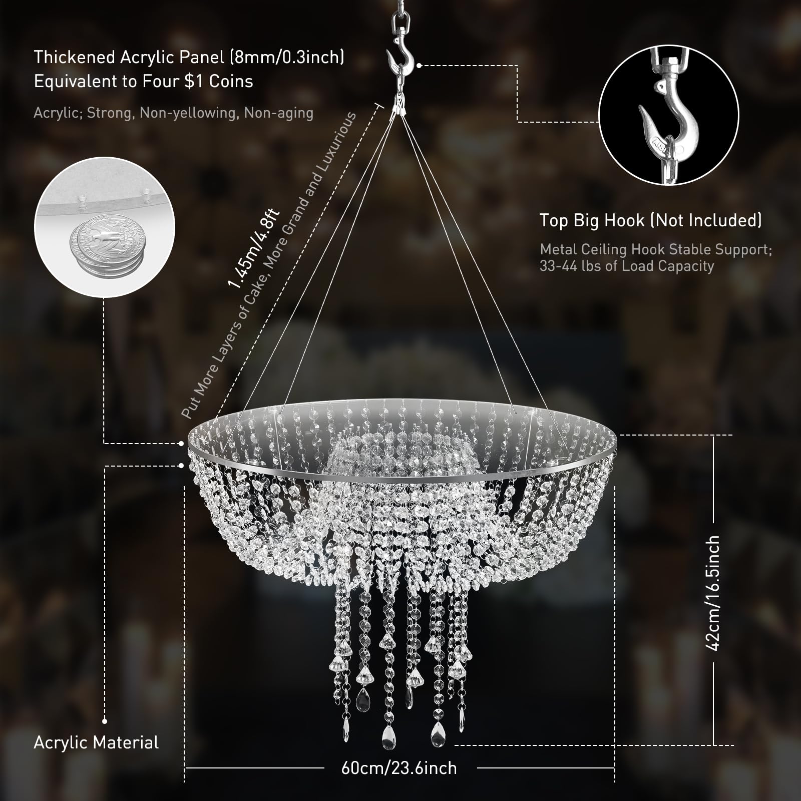 Modern Acrylic Hanging Cake Stand - 60CM Suspended Wedding Cake Rack for Dessert Display | Elegant Ceiling Decor for Birthday Parties, Wedding Centerpieces & Event Venues | Perfect for Bakeries, Bridal Showers & Special Occasions