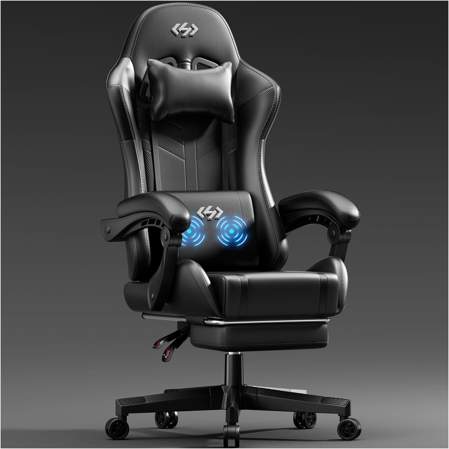 Premium Gaming Chair with Pocket Spring Cushion & Massage Lumbar Support - Ergonomic PU Leather Computer Chair for Adults - Swivel Office Chair for Gaming, Work & Home Use - Black