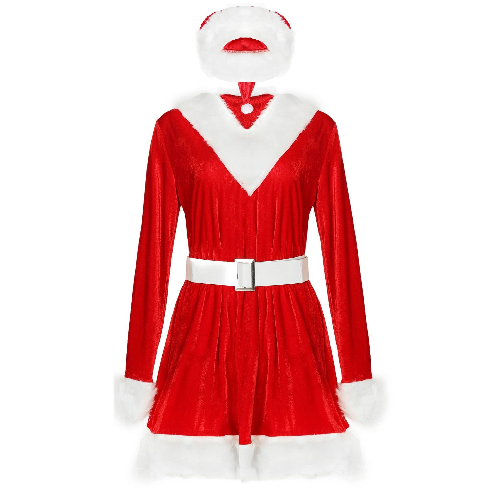 Women's Christmas Fleece Dress Long Sleeve Santa Claus Costume - Warm Holiday Party Outfit for Xmas Cosplay, Family Gatherings & Festive Celebrations