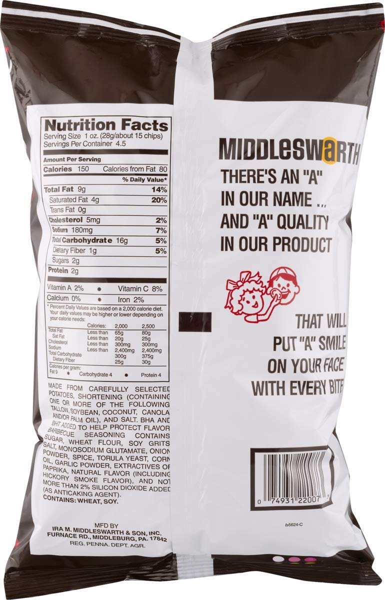 Middleswarth Kettle Cooked Potato Chips - BBQ Ripples Flavor - 4.5oz Bags (Pack of 6) - Crunchy Snacks for Parties, Picnics & Game Nights