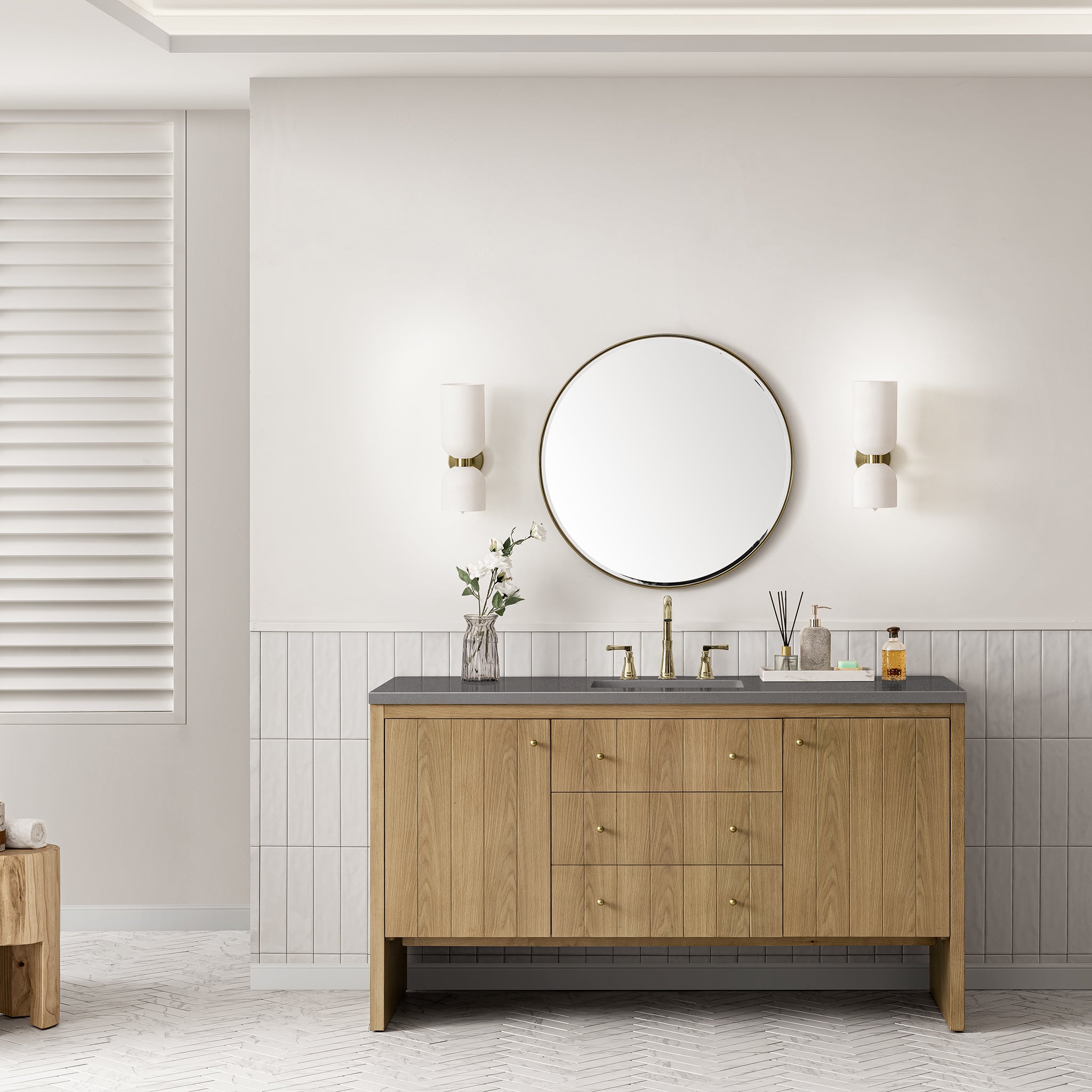 Hudson 60 Inch Single Bathroom Vanity with Light Natural Oak Finish and 3CM Grey Expo Top - Perfect for Modern Bathroom Renovations and Home Upgrades